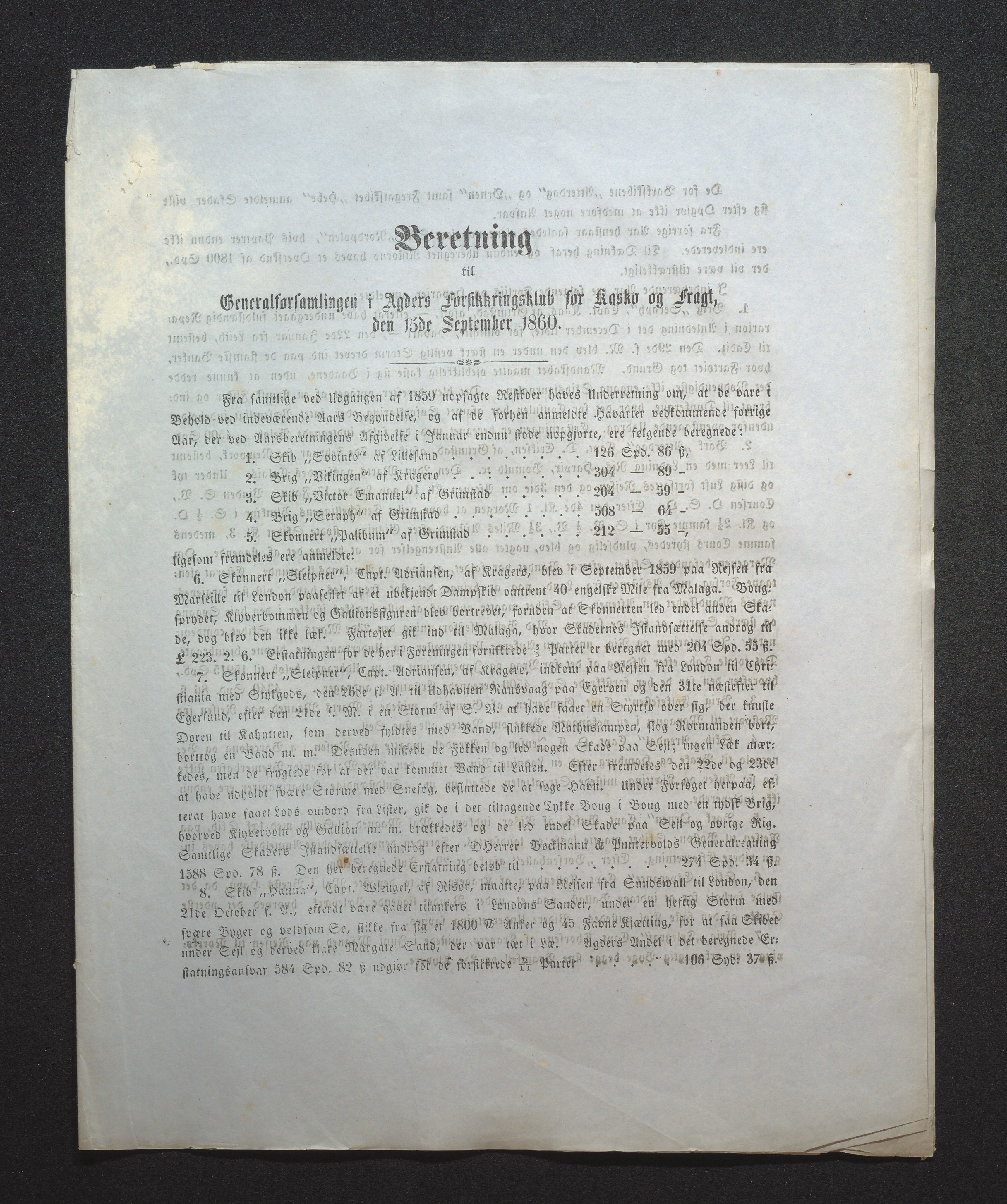 Agders Gjensidige Assuranceforening, AAKS/PA-1718/05/L0001: Regnskap, seilavdeling, pakkesak, 1855-1880