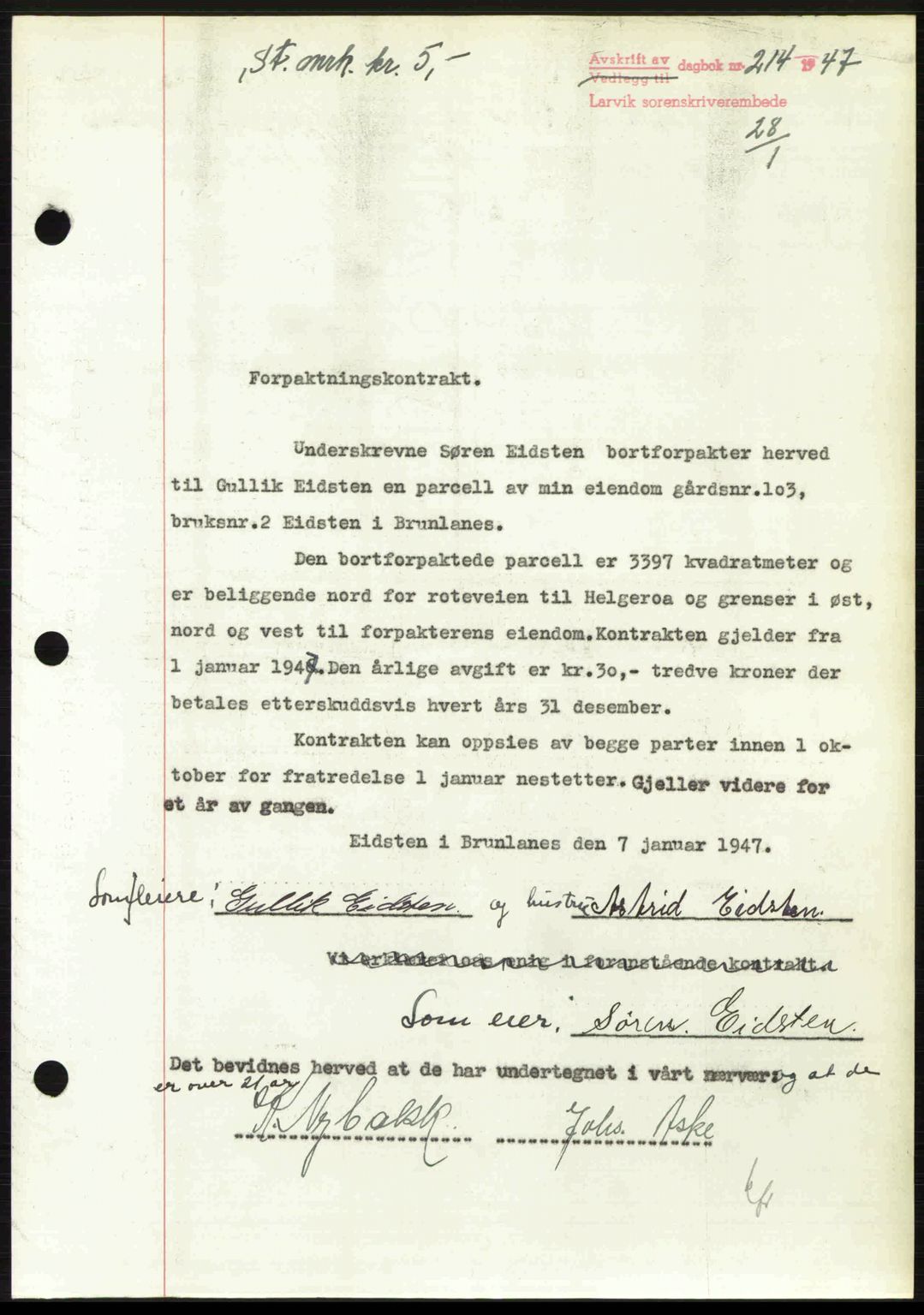 Larvik sorenskriveri, SAKO/A-83/G/Ga/Gab/L0083: Pantebok nr. A-17, 1946-1947, Dagboknr: 214/1947