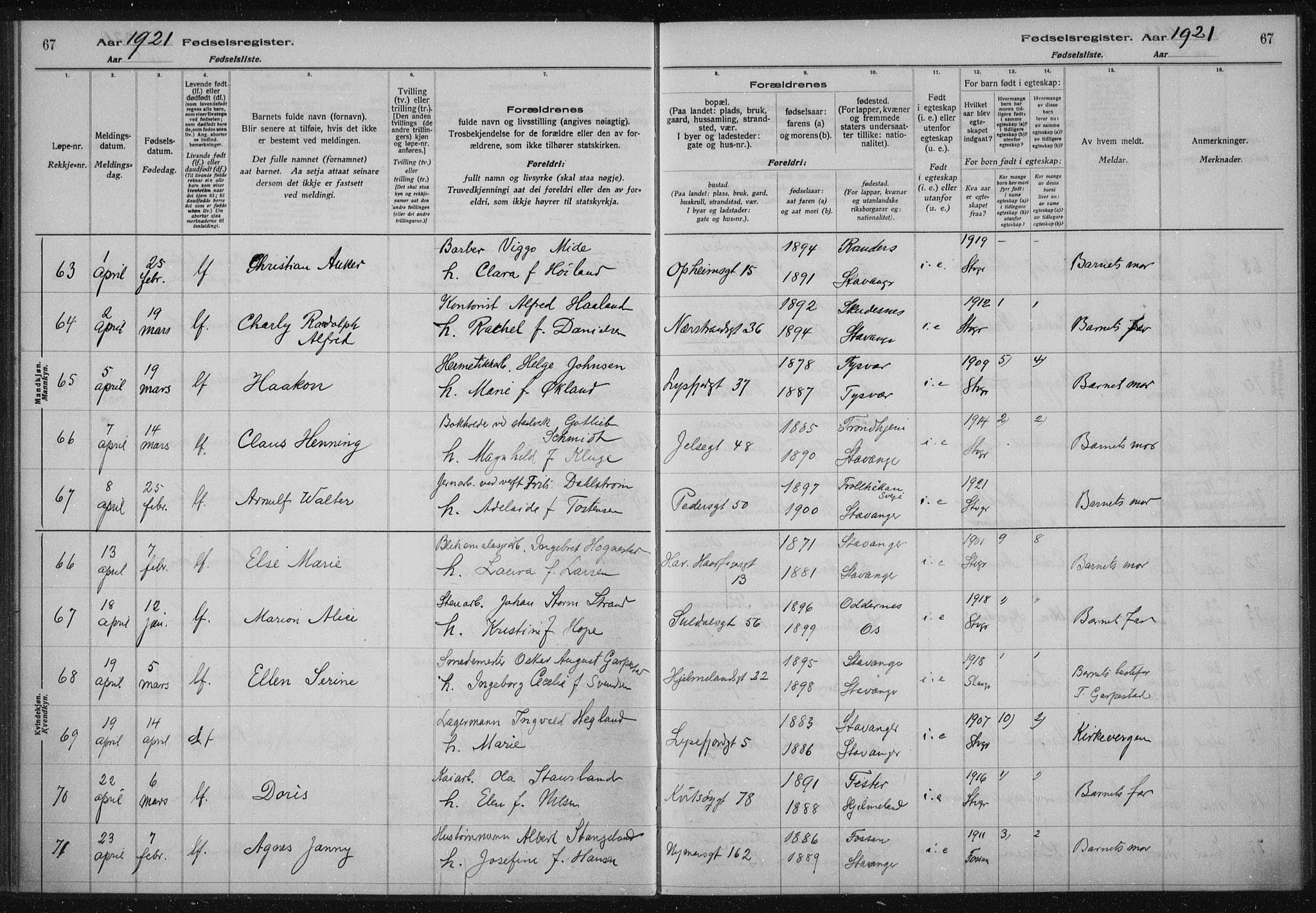 St. Johannes sokneprestkontor, AV/SAST-A-101814/002/A/L0002: Fødselsregister nr. 2, 1919-1924, s. 67