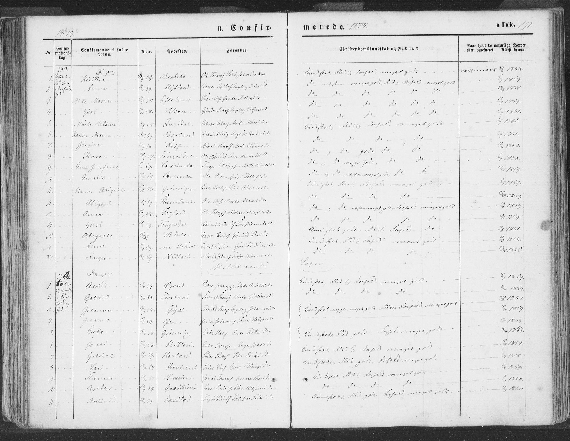 Helleland sokneprestkontor, SAST/A-101810: Ministerialbok nr. A 7.1, 1863-1886, s. 191