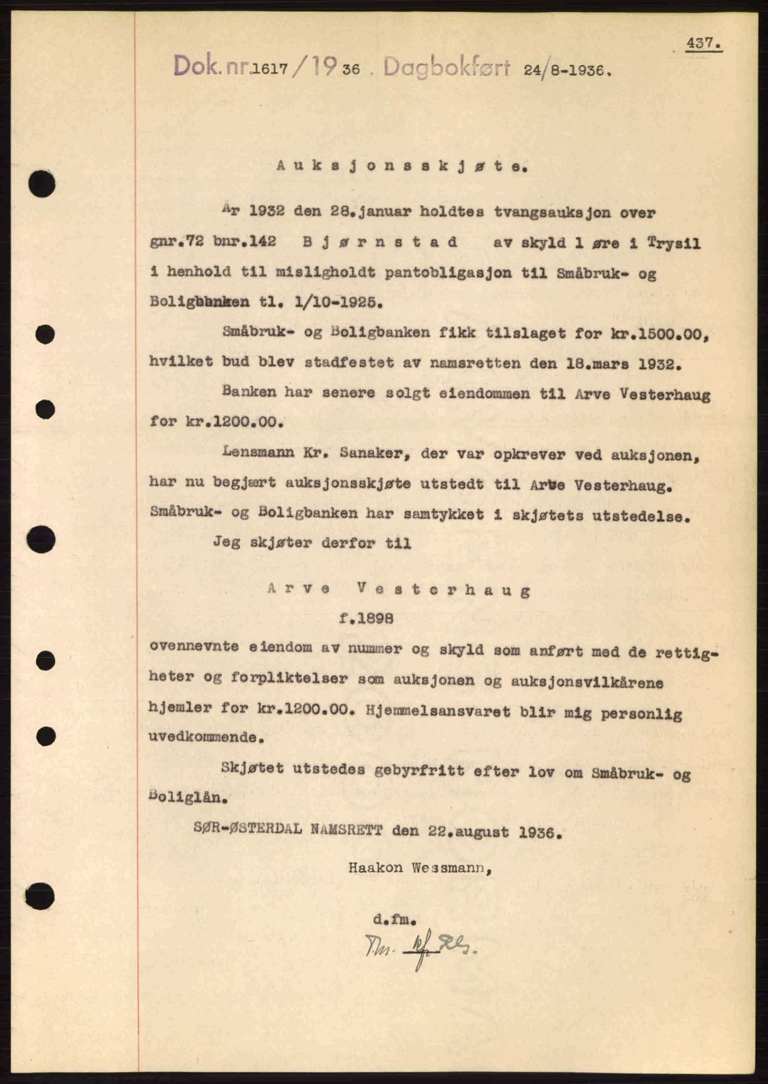 Sør-Østerdal sorenskriveri, SAH/TING-018/H/Hb/Hbb/L0054: Pantebok nr. A54, 1936-1936, Dagboknr: 1617/1936