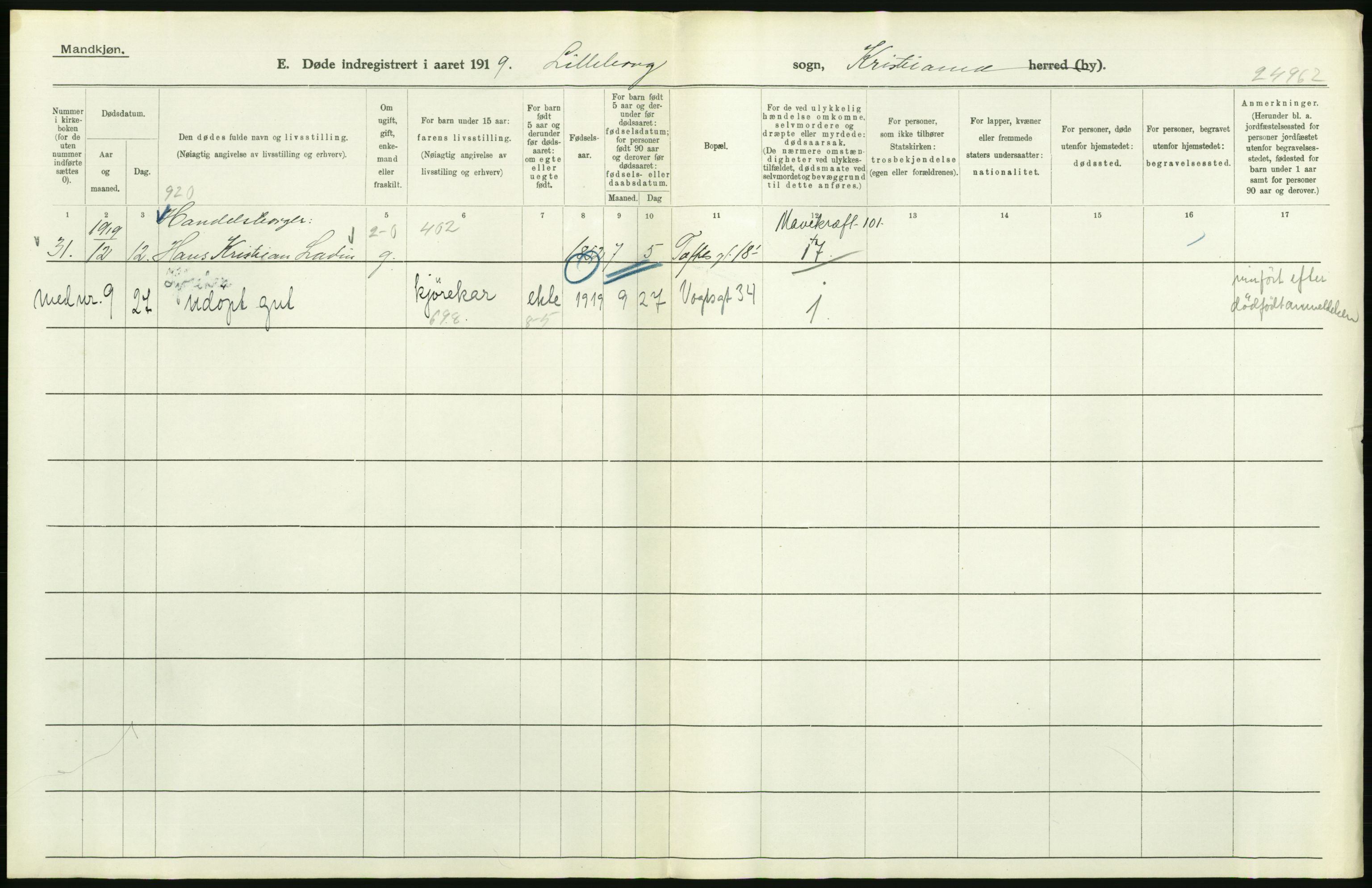 Statistisk sentralbyrå, Sosiodemografiske emner, Befolkning, AV/RA-S-2228/D/Df/Dfb/Dfbi/L0010: Kristiania: Døde, 1919, s. 246