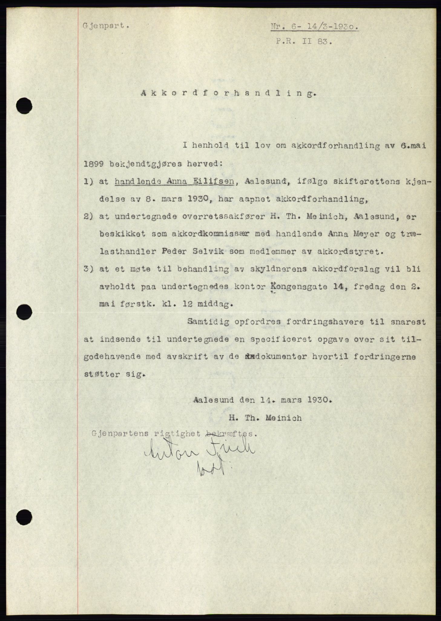 Ålesund byfogd, AV/SAT-A-4384: Pantebok nr. 26, 1930-1930, Tingl.dato: 14.03.1930