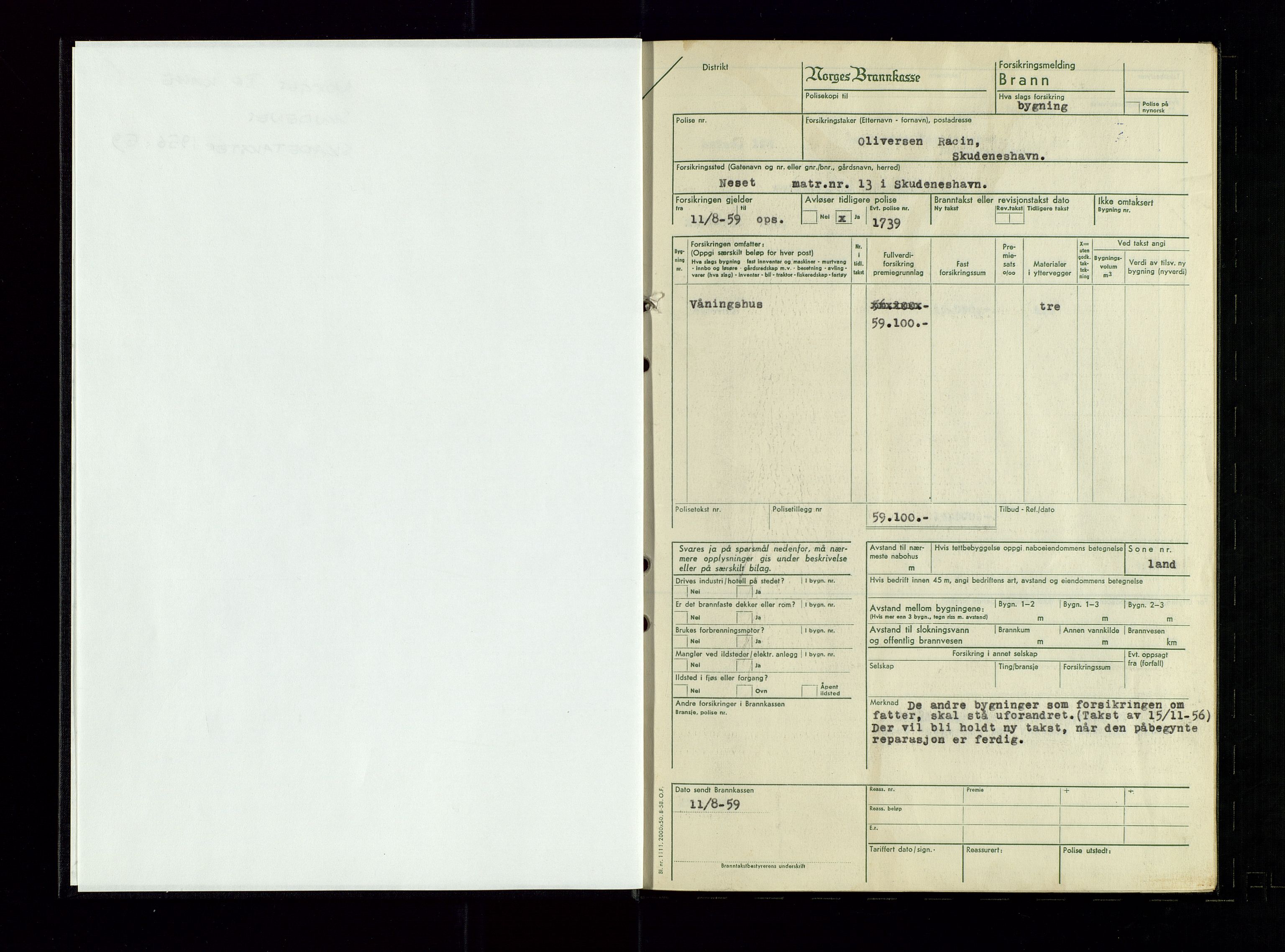 Skudenes lensmannskontor, AV/SAST-A-100444/Gob/L0008: Branntakstprotokoll, 1956-1959