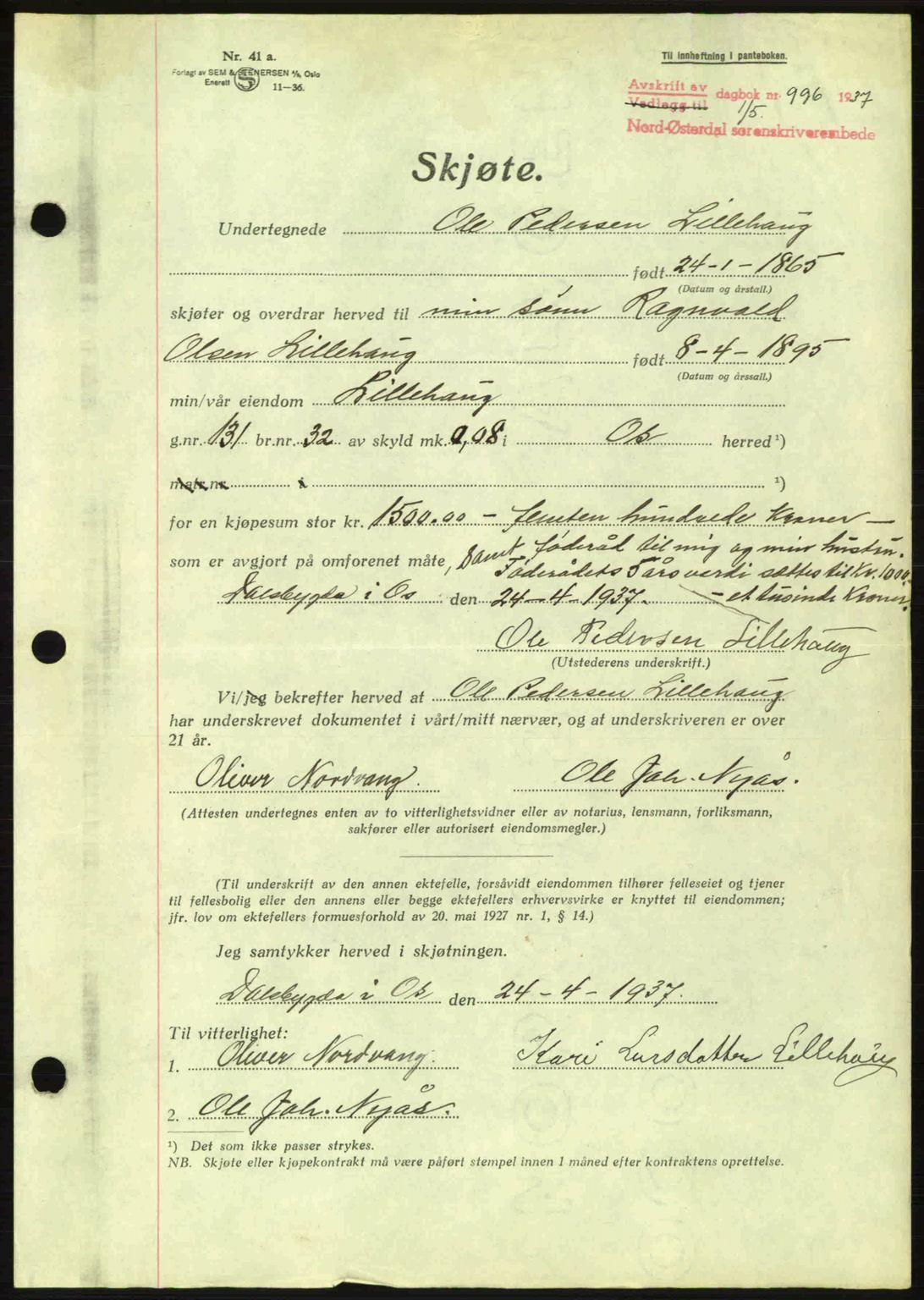 Nord-Østerdal tingrett, SAH/TING-020/H/Hb/Hbb/L0003: Pantebok nr. A3, 1937-1937, Dagboknr: 996/1937