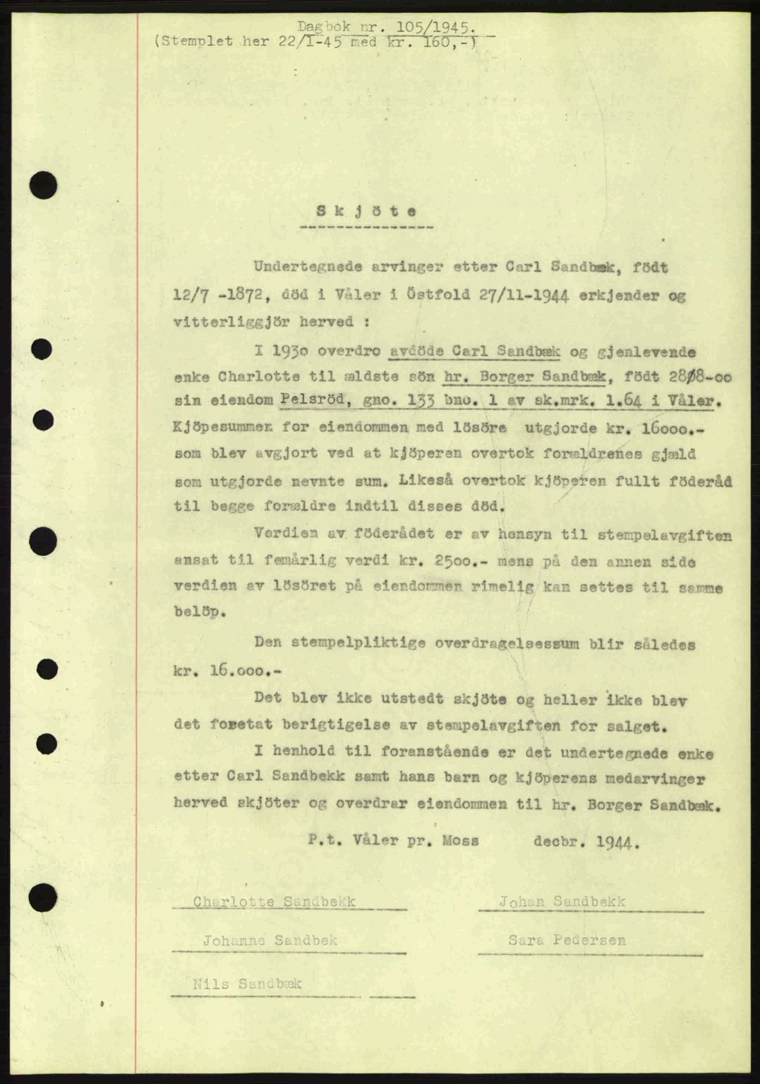 Moss sorenskriveri, SAO/A-10168: Pantebok nr. A13, 1944-1945, Dagboknr: 105/1945
