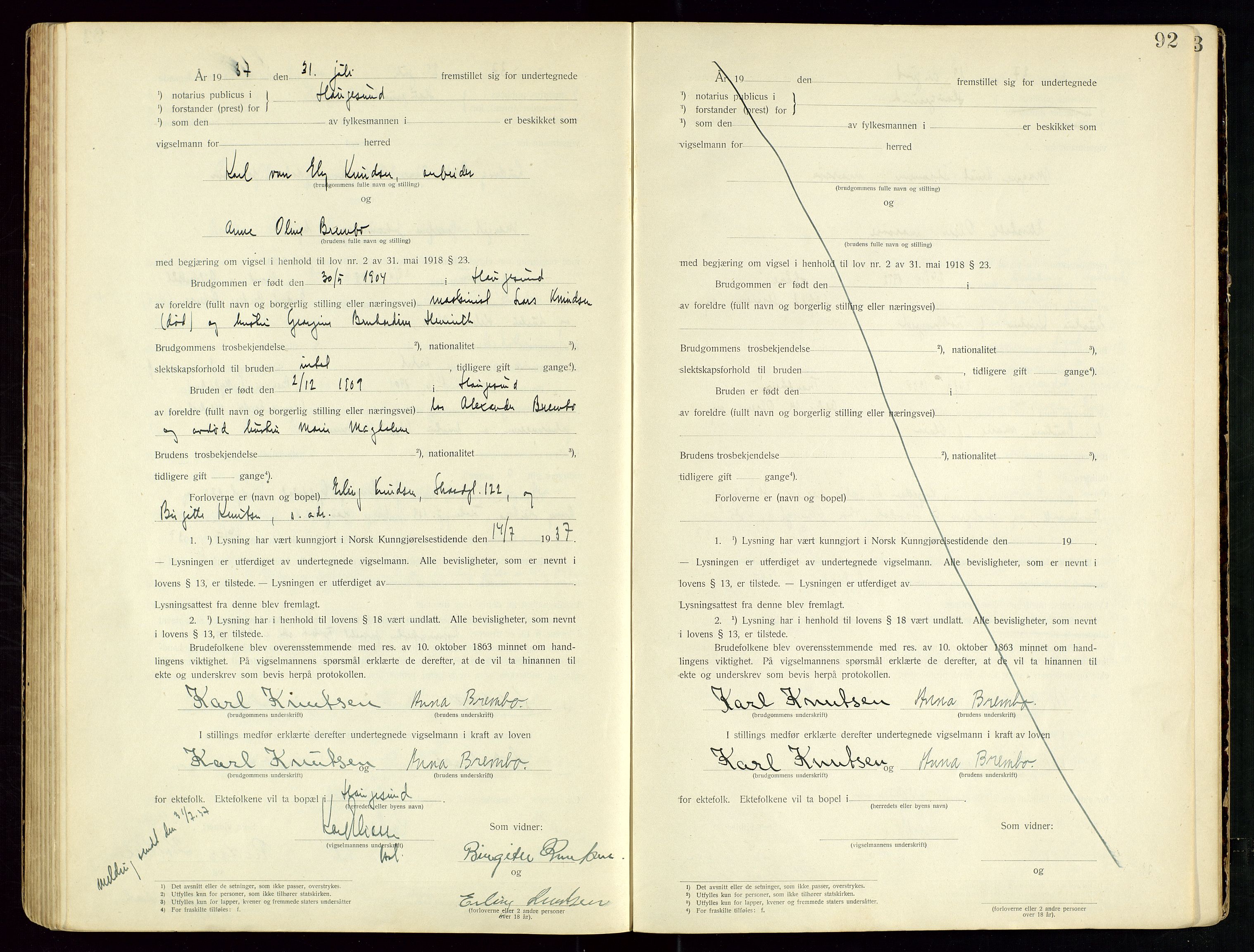 Haugesund tingrett, AV/SAST-A-101415/01/III/IIID/L0001: Vigselbok, 1920-1938, s. 92