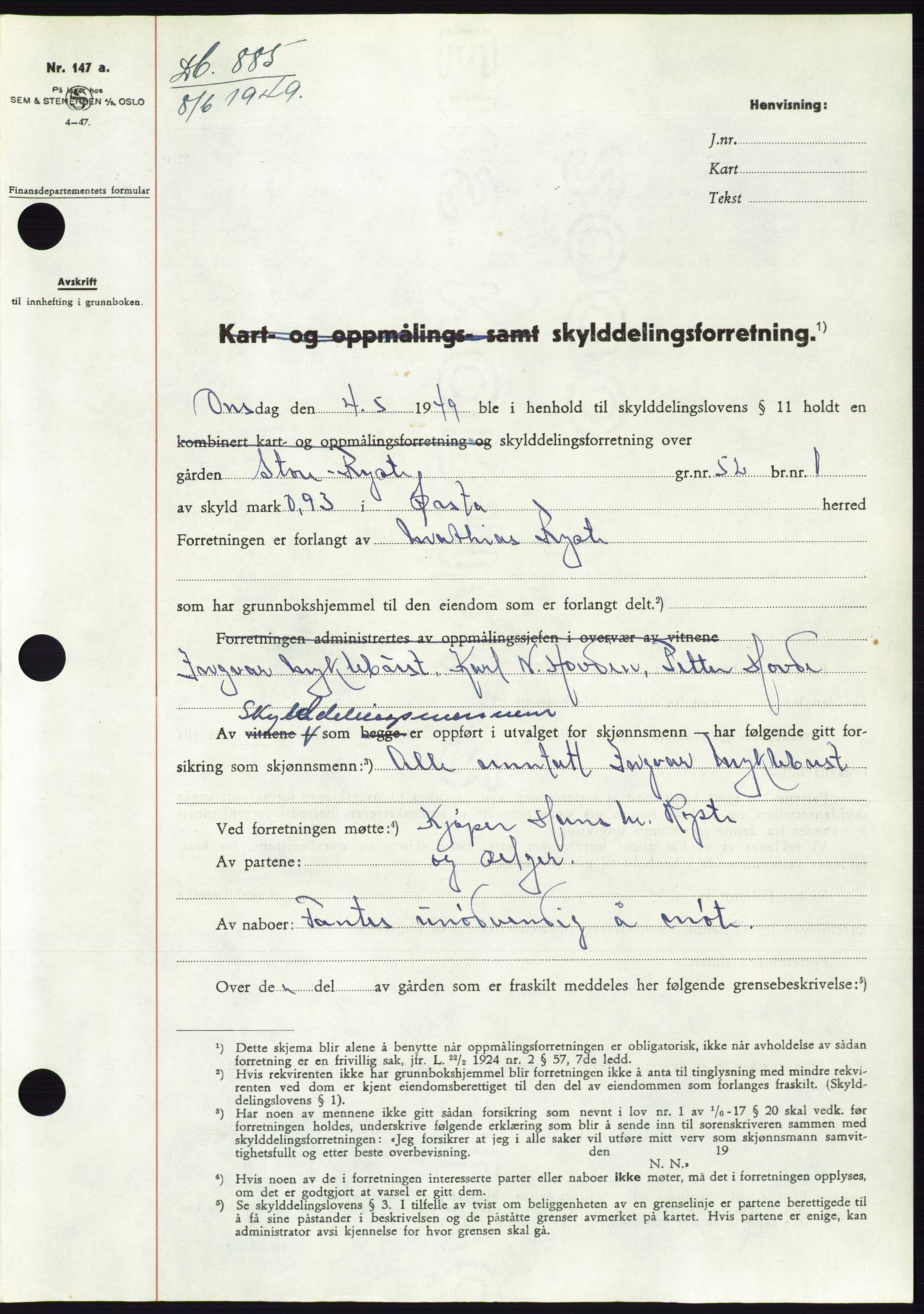 Søre Sunnmøre sorenskriveri, SAT/A-4122/1/2/2C/L0084: Pantebok nr. 10A, 1949-1949, Dagboknr: 885/1949