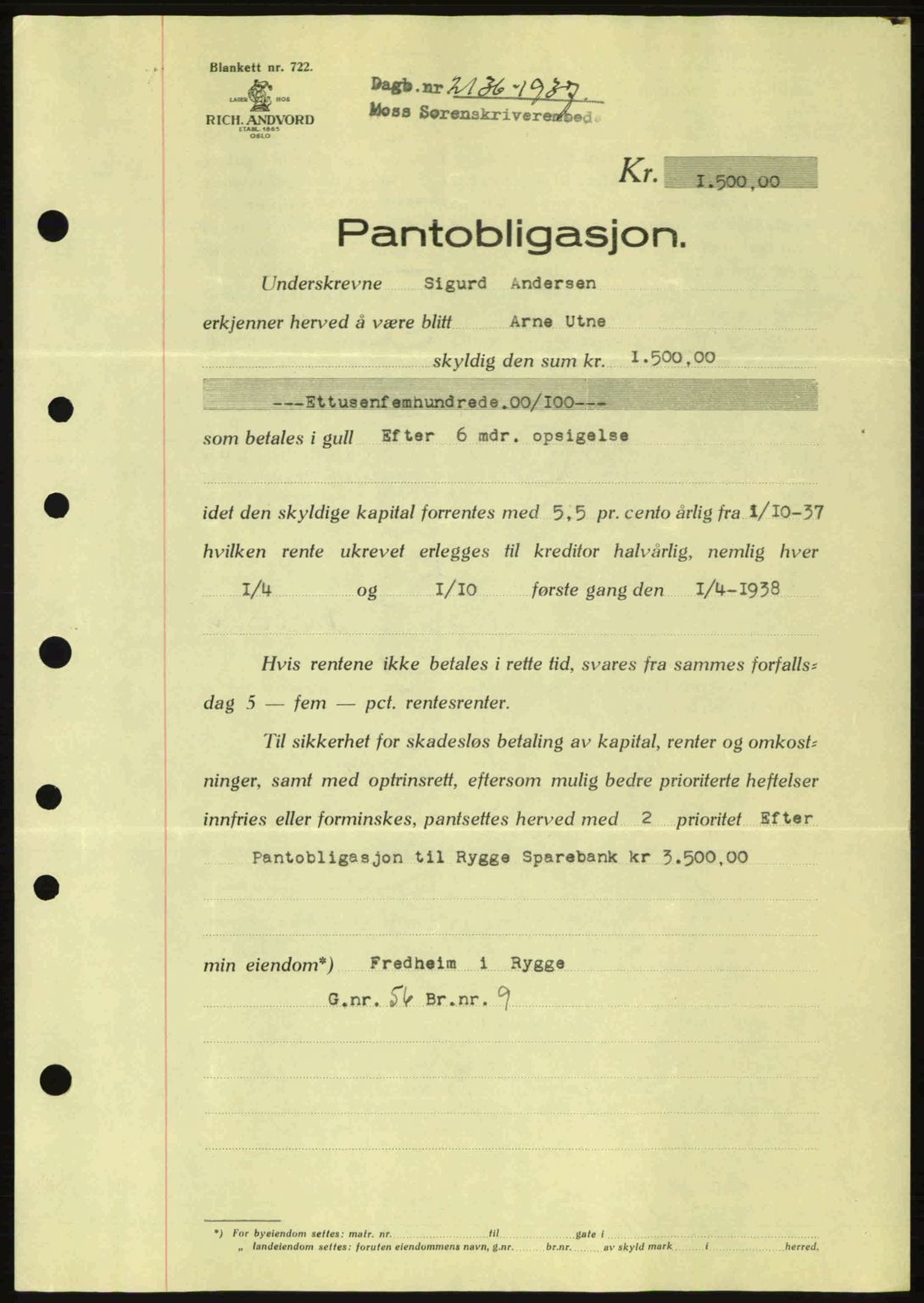 Moss sorenskriveri, SAO/A-10168: Pantebok nr. B4, 1937-1938, Dagboknr: 2136/1937