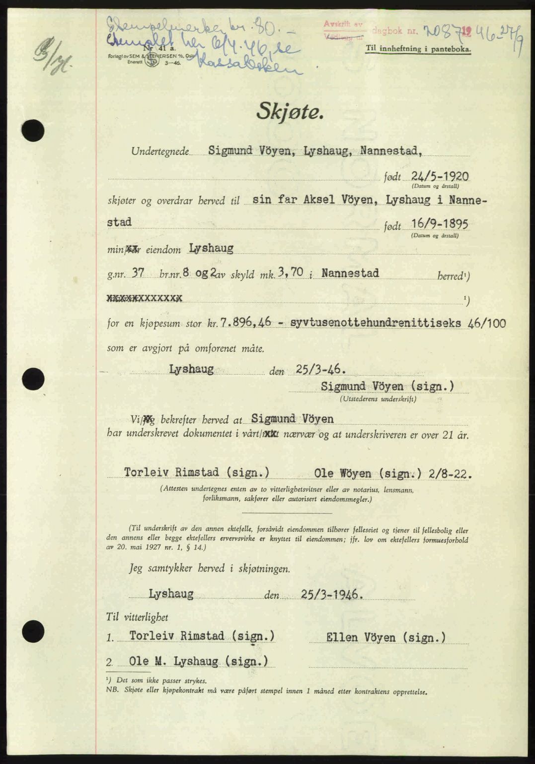 Eidsvoll tingrett, SAO/A-10371/G/Gb/Gbb/L0015: Pantebok nr. A43, 1946-1947, Dagboknr: 2087/1946