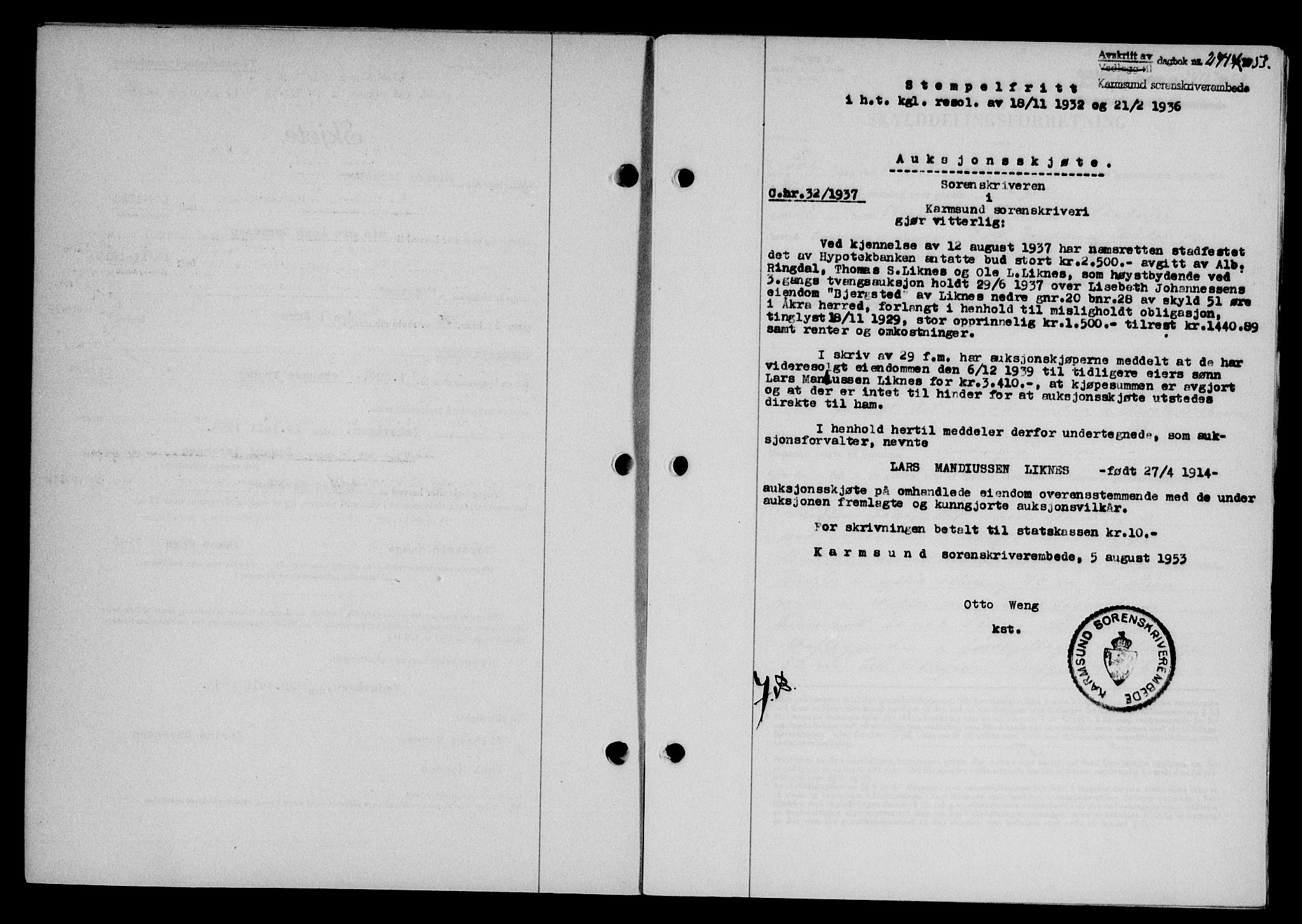 Karmsund sorenskriveri, SAST/A-100311/01/II/IIB/L0109: Pantebok nr. 89A, 1953-1953, Dagboknr: 2414/1953