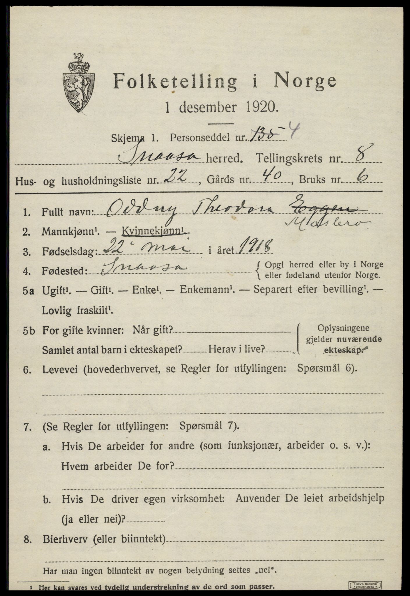 SAT, Folketelling 1920 for 1736 Snåsa herred, 1920, s. 3438