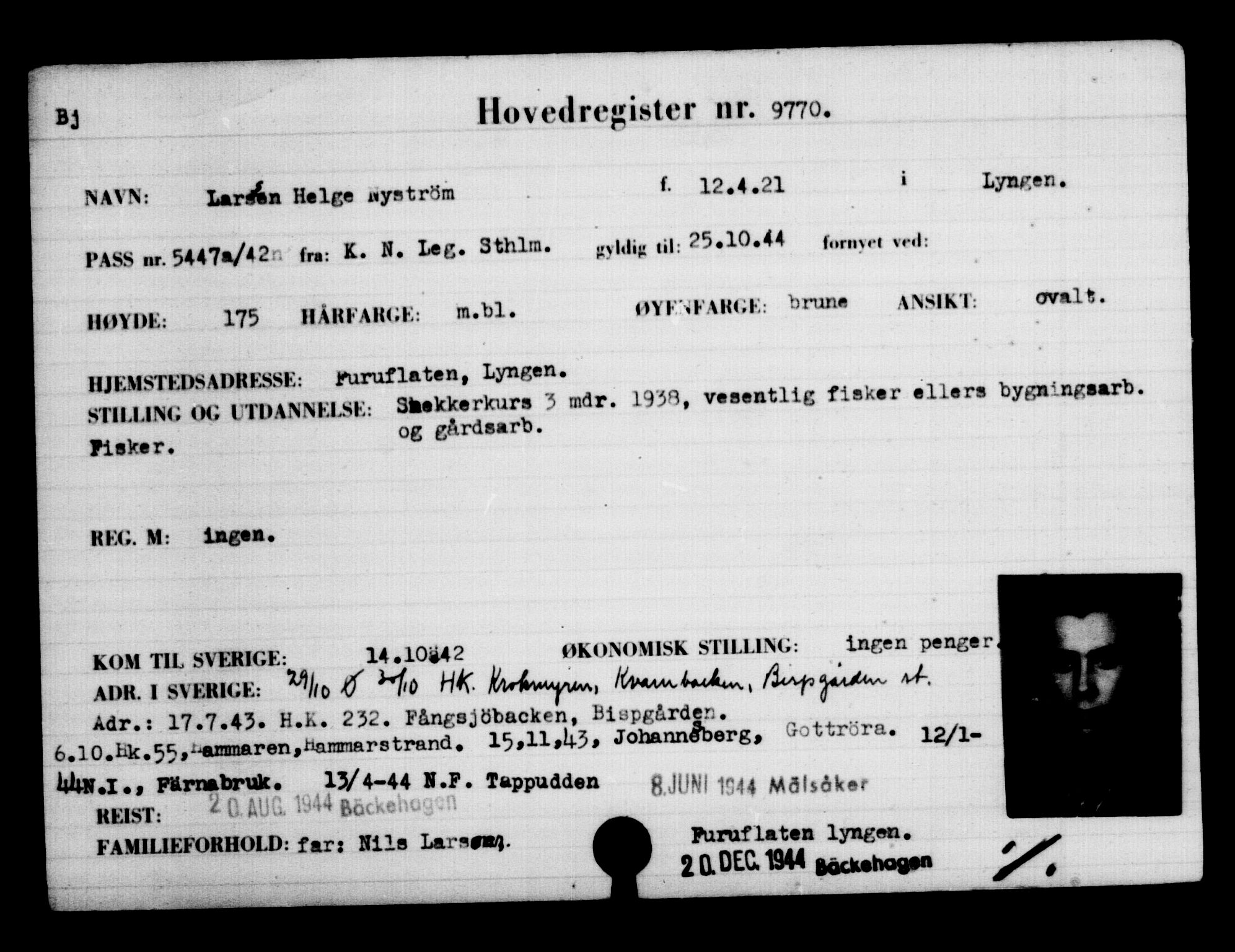 Utenriksstasjonene, Legasjonen i Stockholm, Flyktningkontoret, AV/RA-S-6753/V/Va/L0006: Kjesäterkartoteket, flyktninger med registreringsnr. 9400-12711, 1940-1945, s. 416