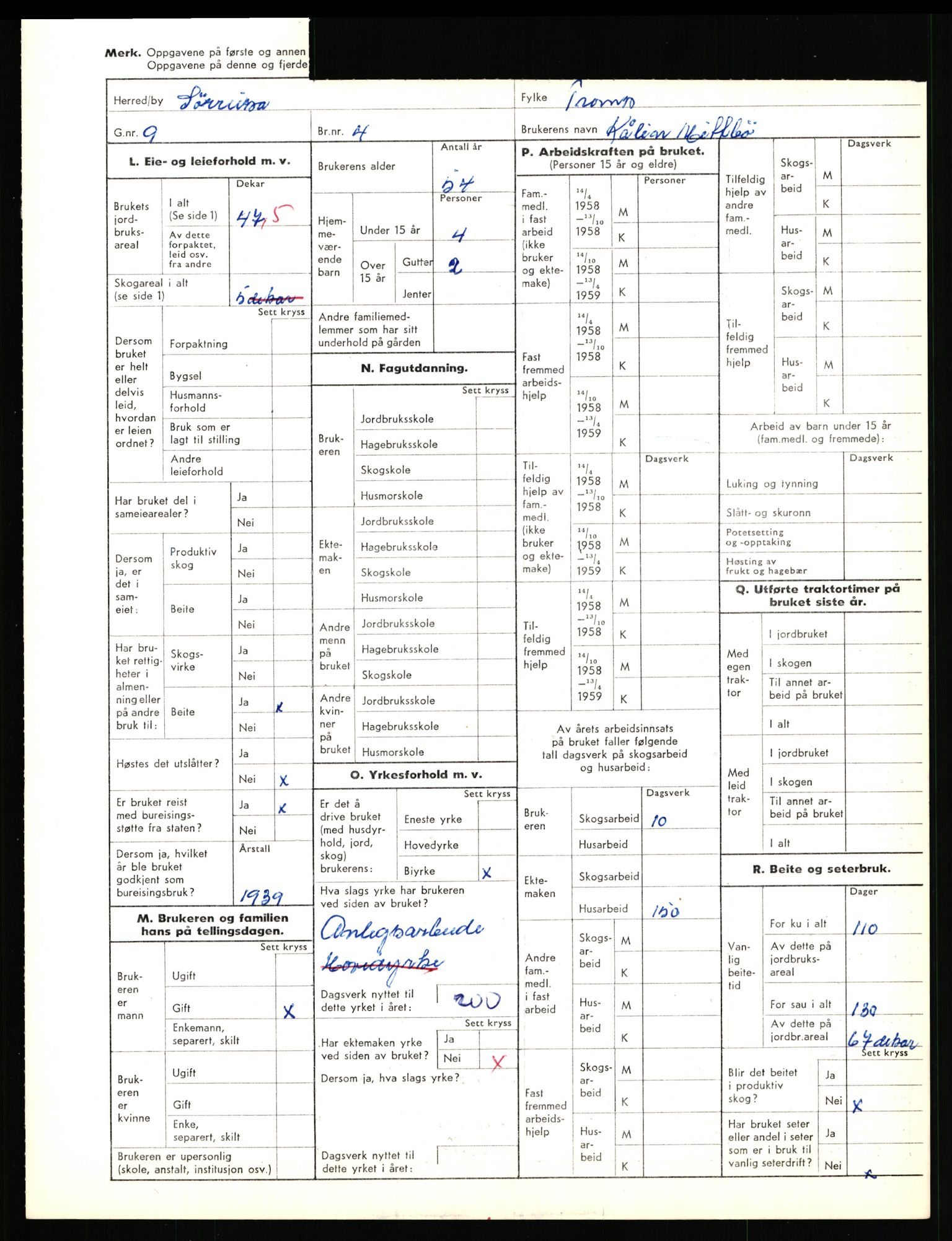 Statistisk sentralbyrå, Næringsøkonomiske emner, Jordbruk, skogbruk, jakt, fiske og fangst, AV/RA-S-2234/G/Gd/L0656: Troms: 1924 Målselv (kl. 0-3) og 1925 Sørreisa, 1959, s. 1776