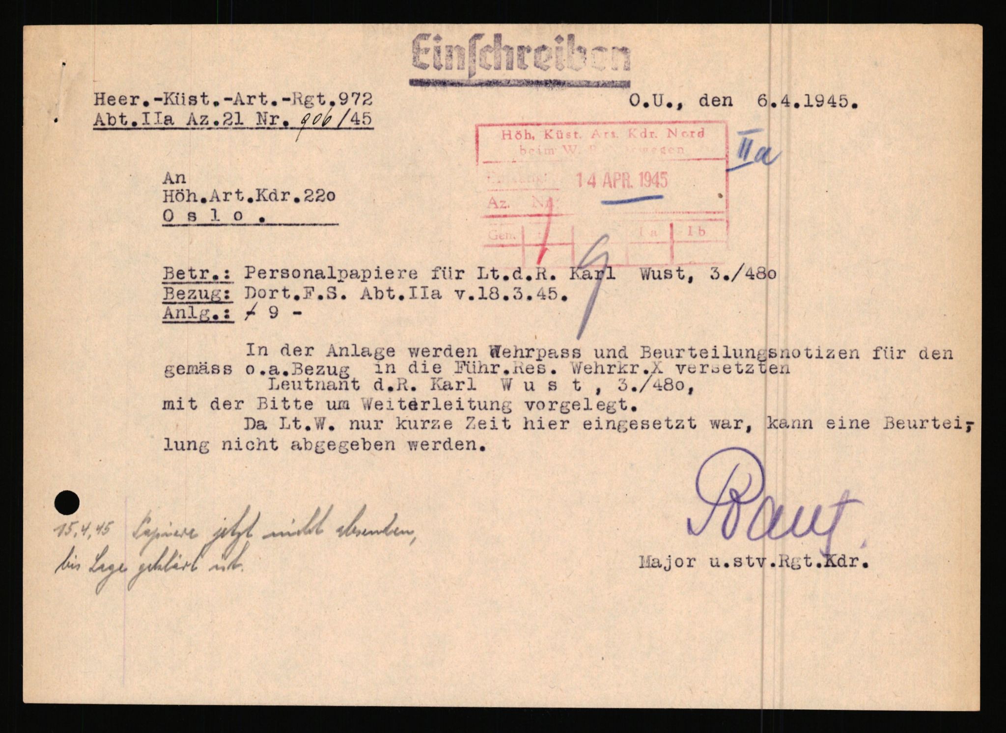 Forsvarets Overkommando. 2 kontor. Arkiv 11.4. Spredte tyske arkivsaker, AV/RA-RAFA-7031/D/Dar/Dara/L0019: Personalbøker og diverse, 1940-1945, s. 620