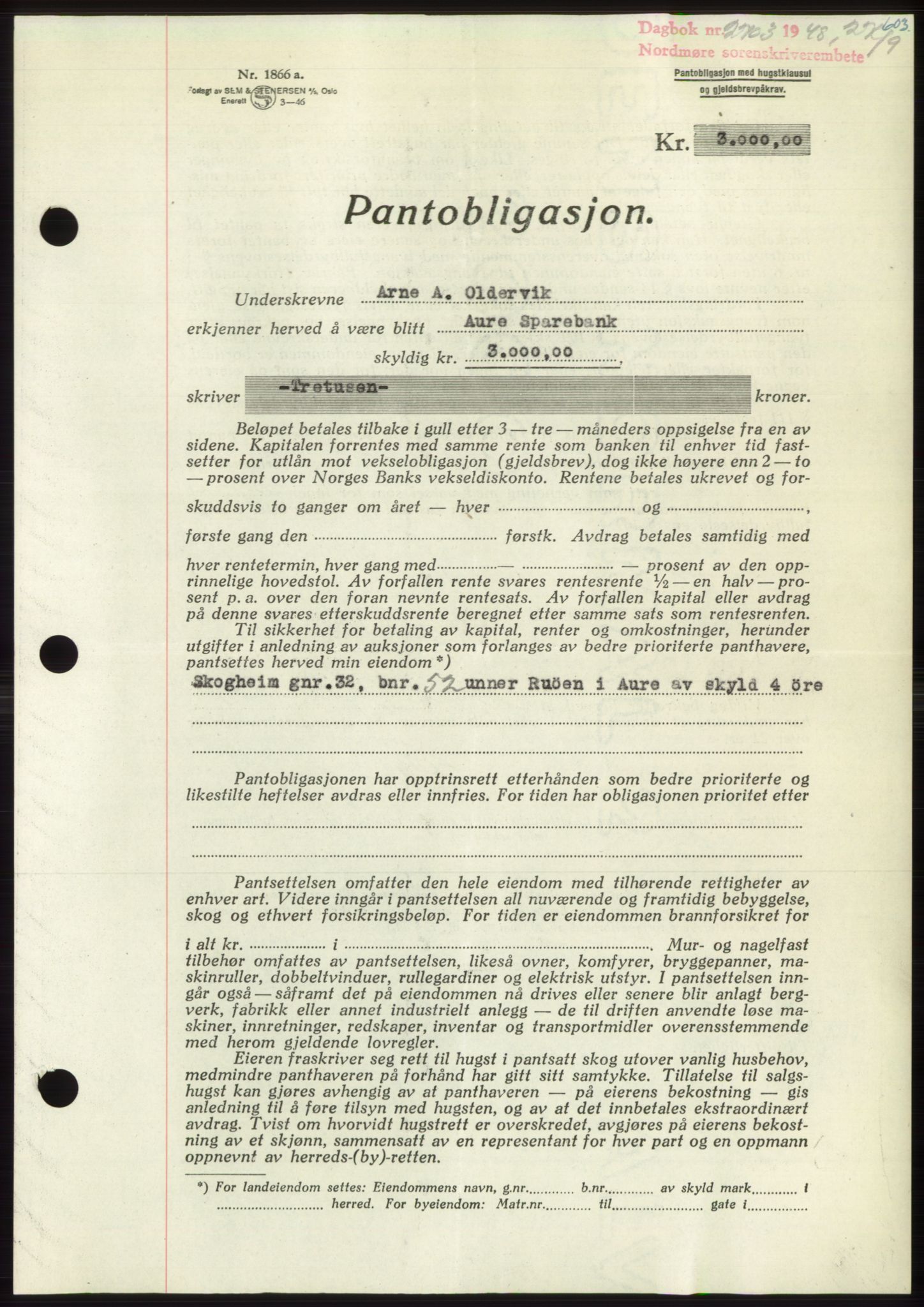 Nordmøre sorenskriveri, AV/SAT-A-4132/1/2/2Ca: Pantebok nr. B99, 1948-1948, Dagboknr: 2703/1948