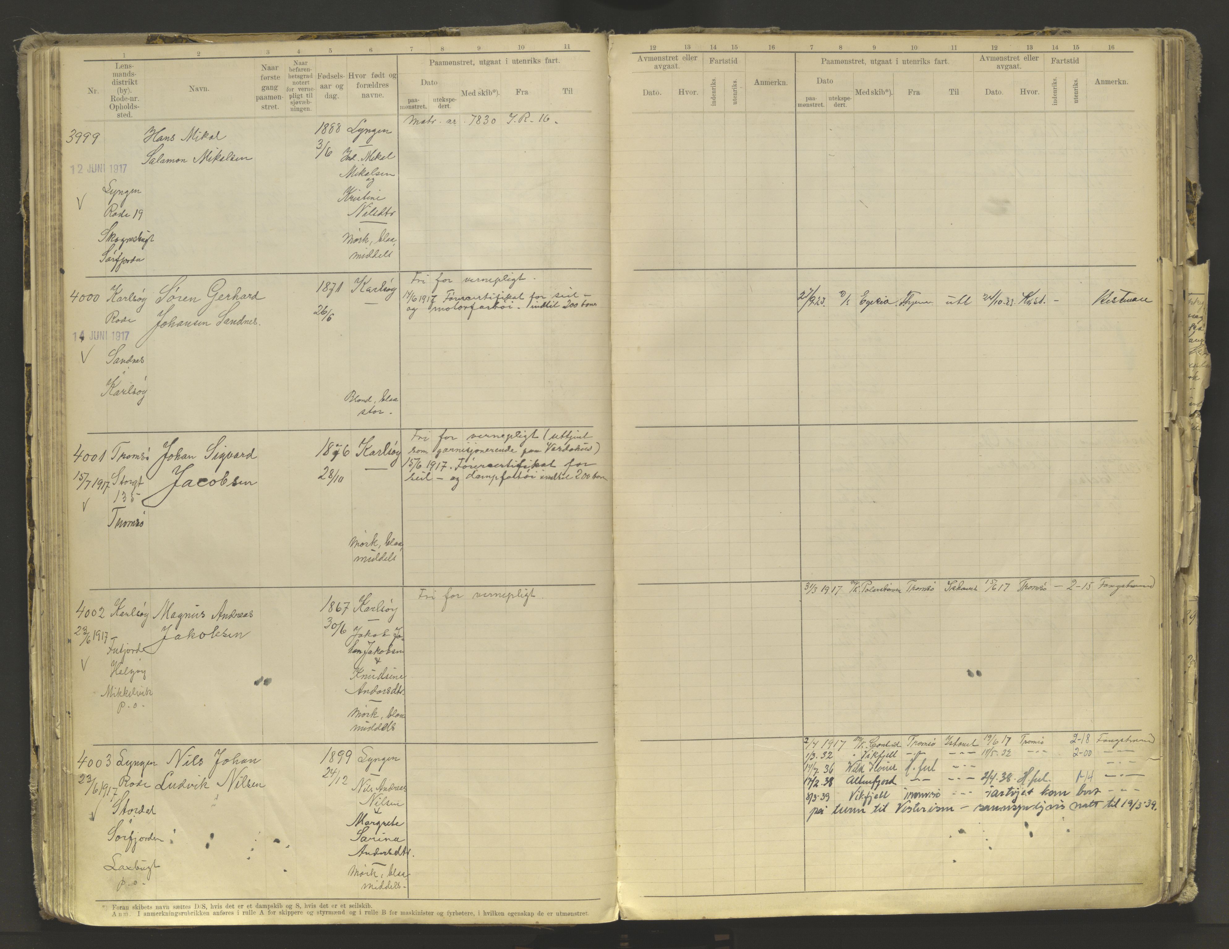 Tromsø sjømannskontor/innrullerings-/mønstringsdistrikt, AV/SATØ-S-0243/F/Fb/L0010: Annotasjonsrulle. Defekt: løs innbinding. Nr. 3519-4972, 1916-1920