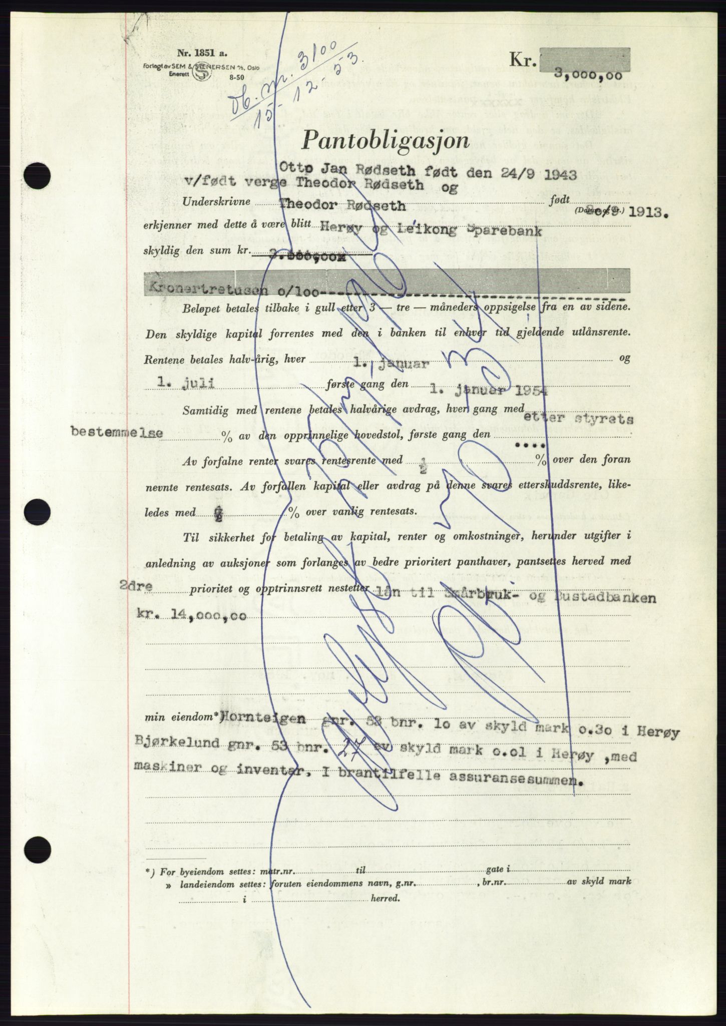 Søre Sunnmøre sorenskriveri, AV/SAT-A-4122/1/2/2C/L0124: Pantebok nr. 12B, 1953-1954, Dagboknr: 3100/1953