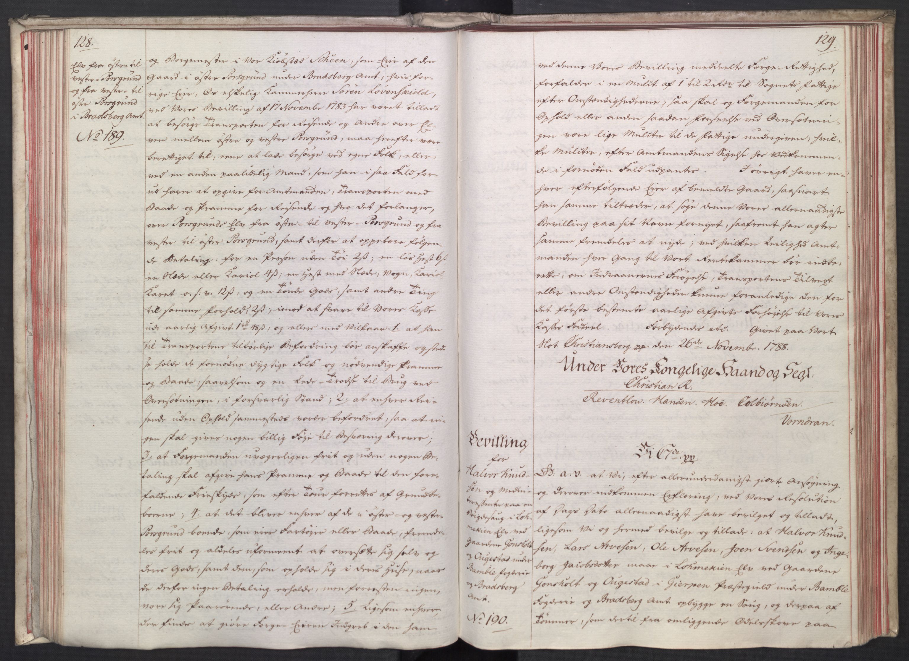 Rentekammeret, Kammerkanselliet, RA/EA-3111/G/Gg/Gga/L0014: Norsk ekspedisjonsprotokoll med register (merket RK 53.14), 1787-1790, s. 128-129
