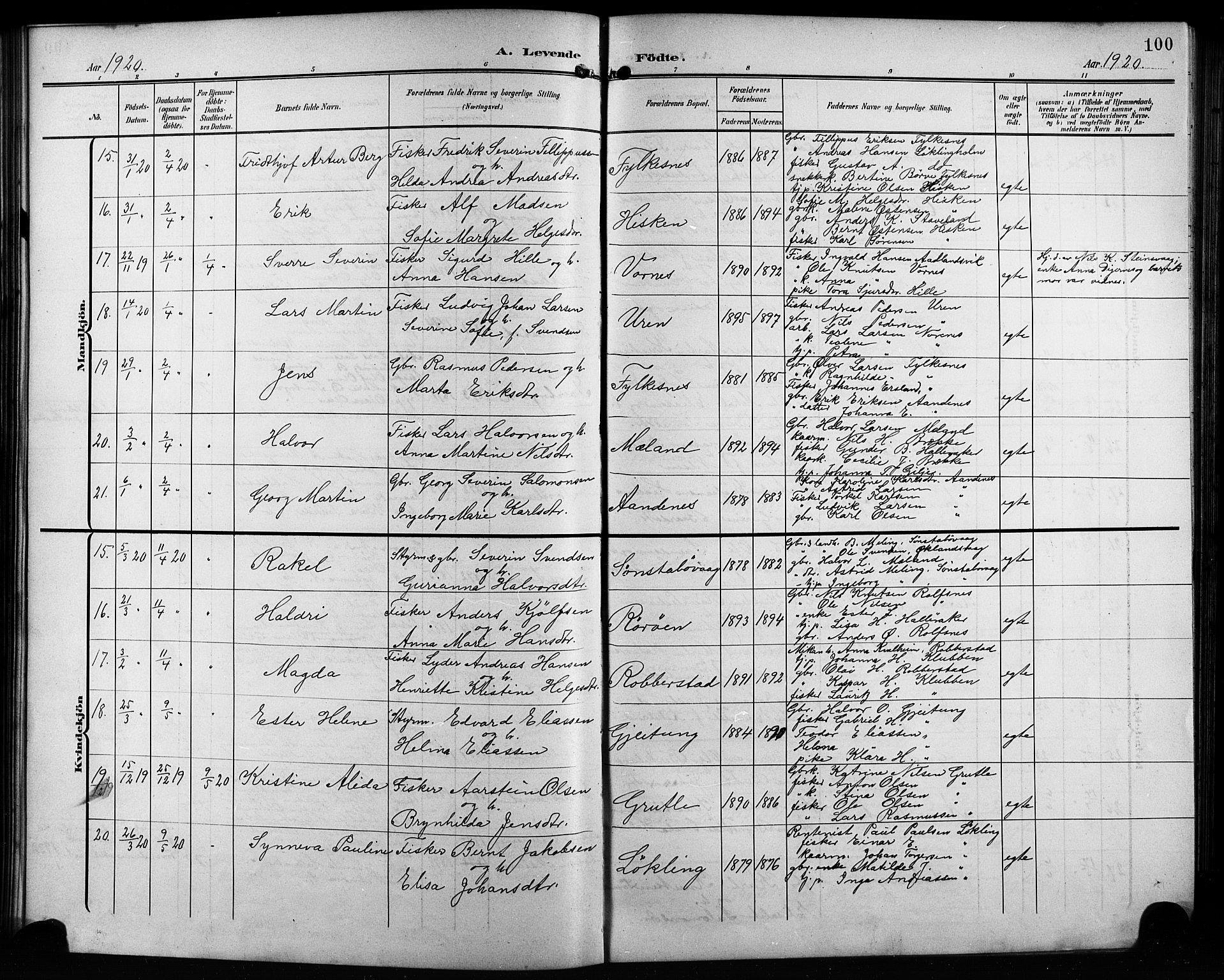 Finnås sokneprestembete, AV/SAB-A-99925/H/Ha/Hab/Habb/L0005: Klokkerbok nr. B 5, 1907-1920, s. 100