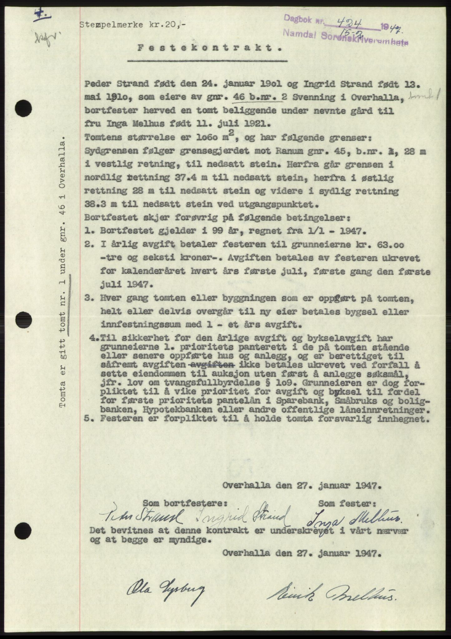 Namdal sorenskriveri, SAT/A-4133/1/2/2C: Pantebok nr. -, 1946-1947, Dagboknr: 424/1947