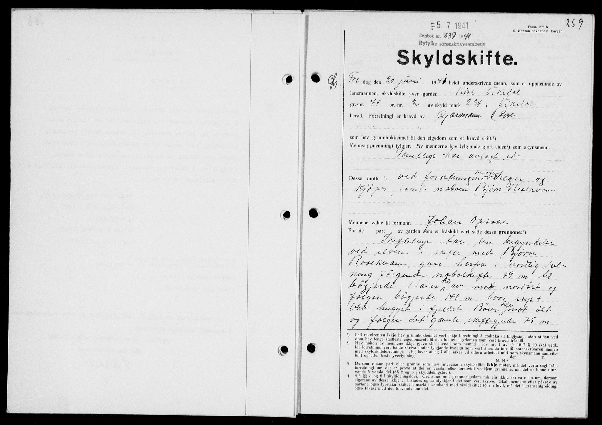 Ryfylke tingrett, SAST/A-100055/001/II/IIB/L0085: Pantebok nr. 64, 1941-1941, Dagboknr: 837/1941