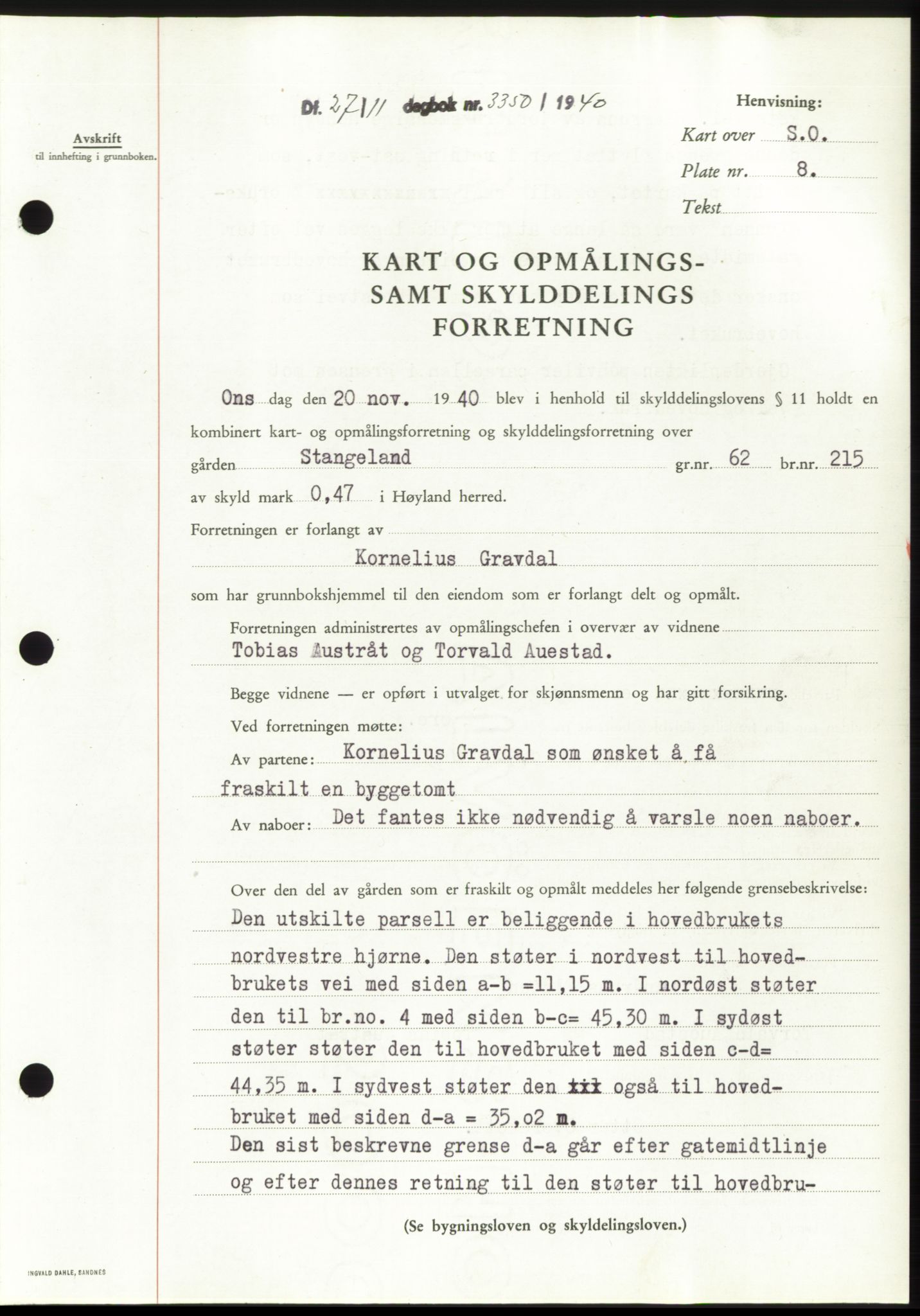 Jæren sorenskriveri, SAST/A-100310/03/G/Gba/L0078: Pantebok, 1940-1940, Dagboknr: 3350/1940