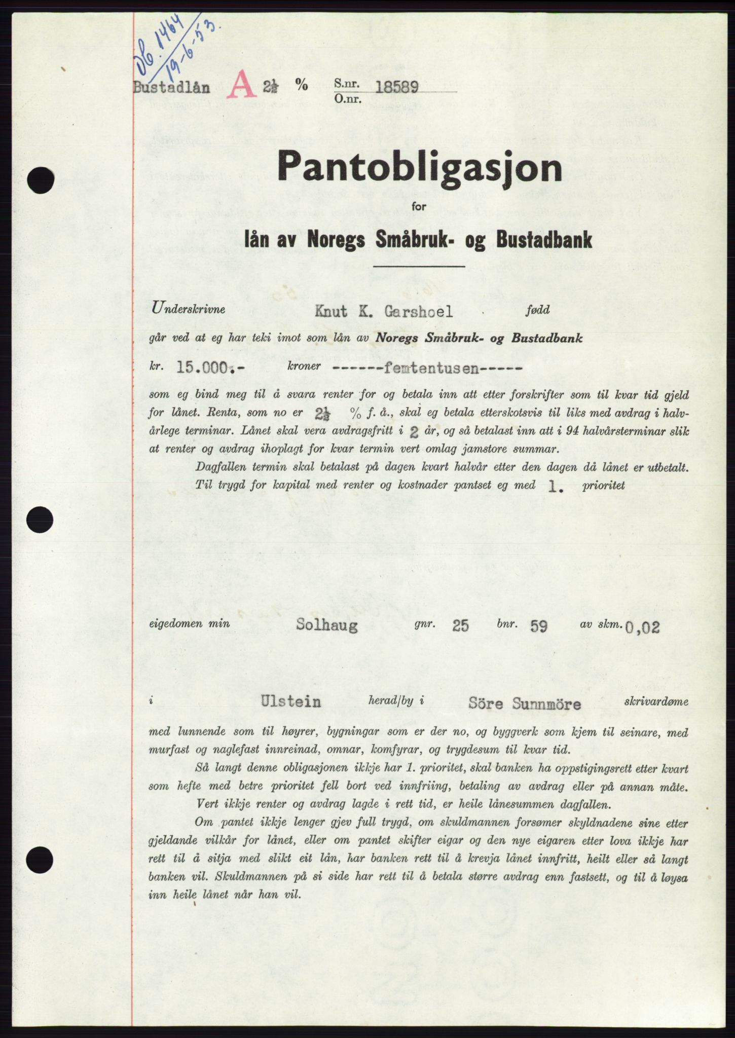 Søre Sunnmøre sorenskriveri, SAT/A-4122/1/2/2C/L0123: Pantebok nr. 11B, 1953-1953, Dagboknr: 1464/1953