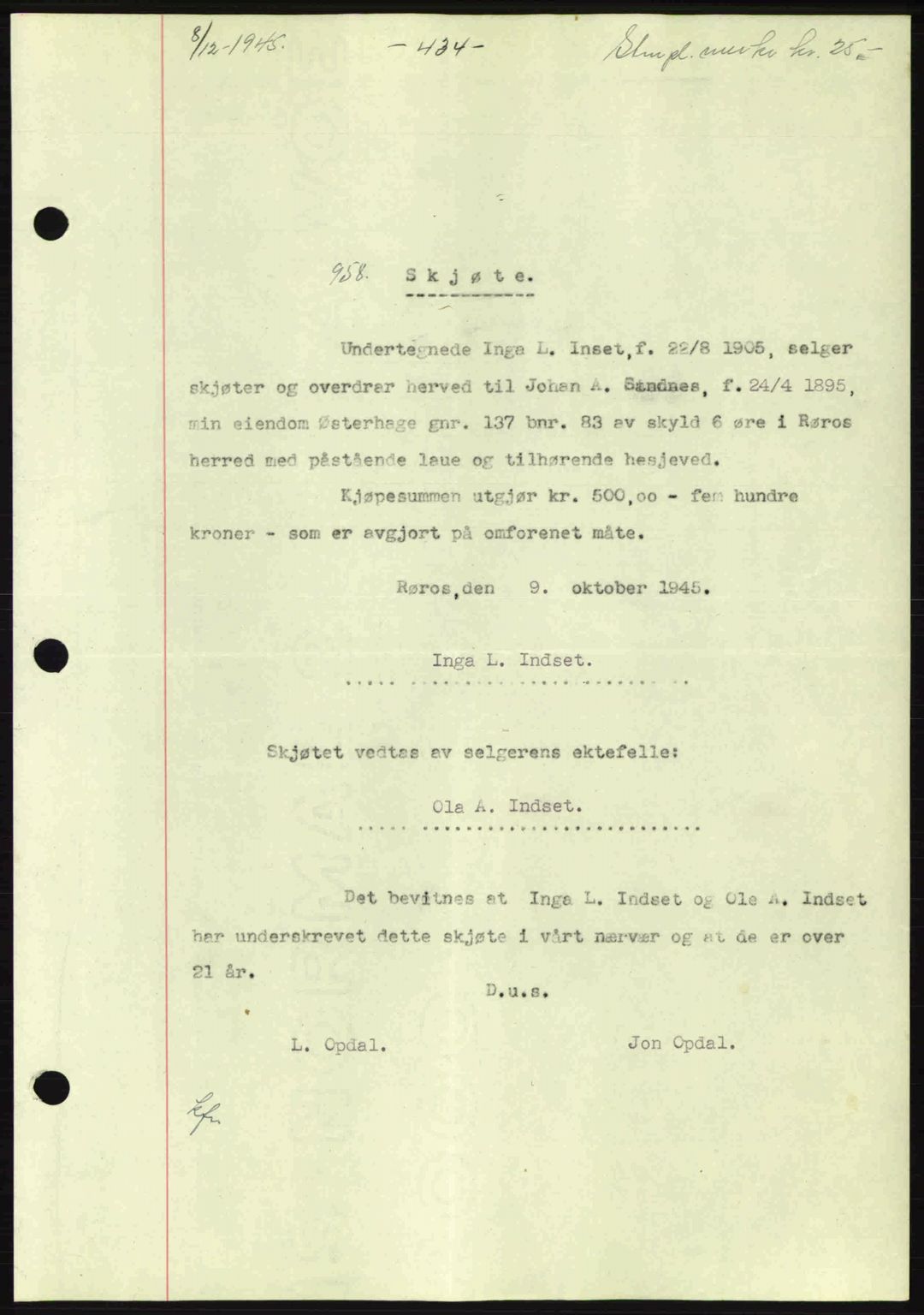 Gauldal sorenskriveri, SAT/A-0014/1/2/2C: Pantebok nr. A1a, 1945-1945, Dagboknr: 958/1945
