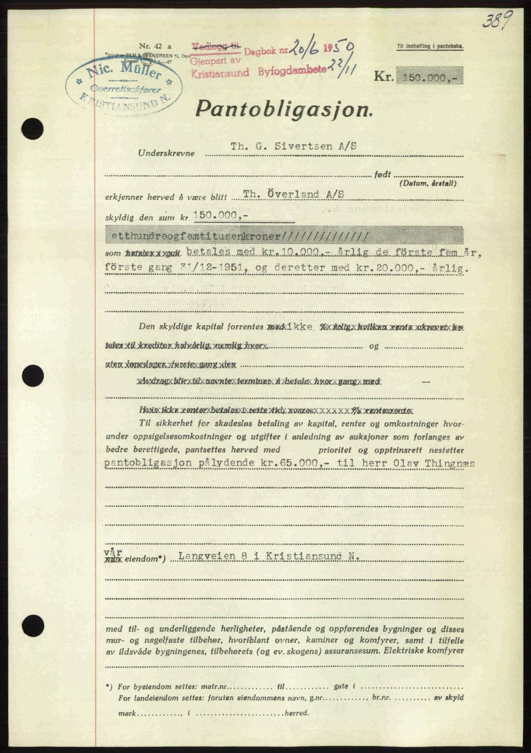 Kristiansund byfogd, AV/SAT-A-4587/A/27: Pantebok nr. 50, 1950-1950, Dagboknr: 2016/1950