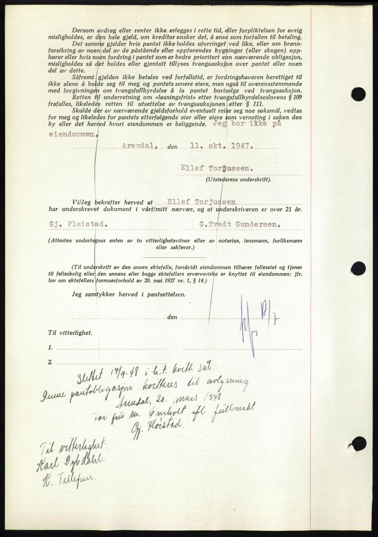 Nedenes sorenskriveri, AV/SAK-1221-0006/G/Gb/Gbb/L0004: Pantebok nr. B4, 1947-1947, Dagboknr: 1497/1947