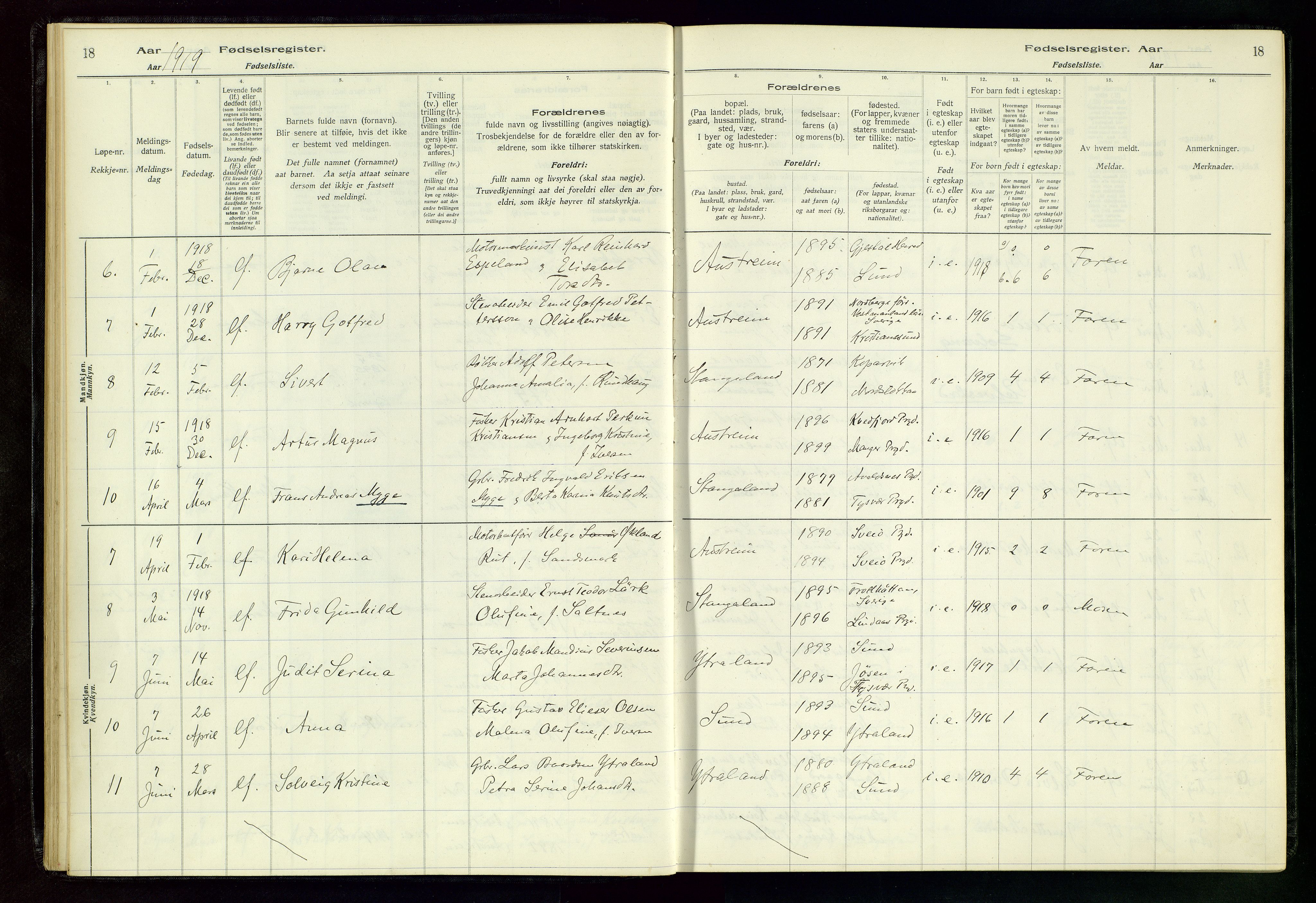 Kopervik sokneprestkontor, AV/SAST-A-101850/I/Id/L0004: Fødselsregister nr. 4, 1916-1958, s. 18