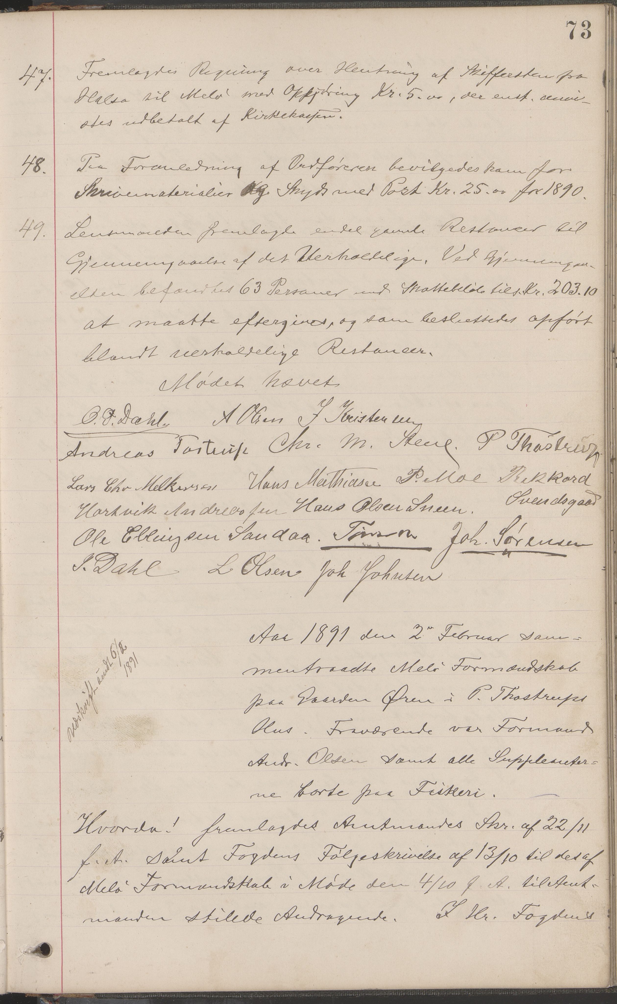 Meløy kommune. Formannskapet, AIN/K-18370.150/100/L0001: Forhandlingsprotokoll, 1884-1895, s. 73