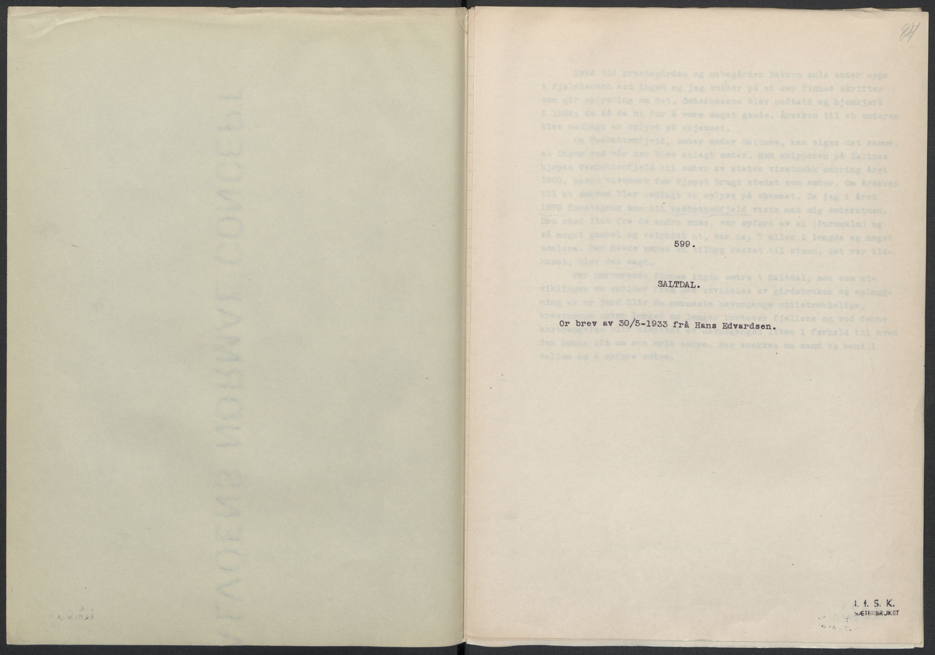 Instituttet for sammenlignende kulturforskning, AV/RA-PA-0424/F/Fc/L0016/0002: Eske B16: / Nordland (perm XLVII), 1932-1936, s. 84