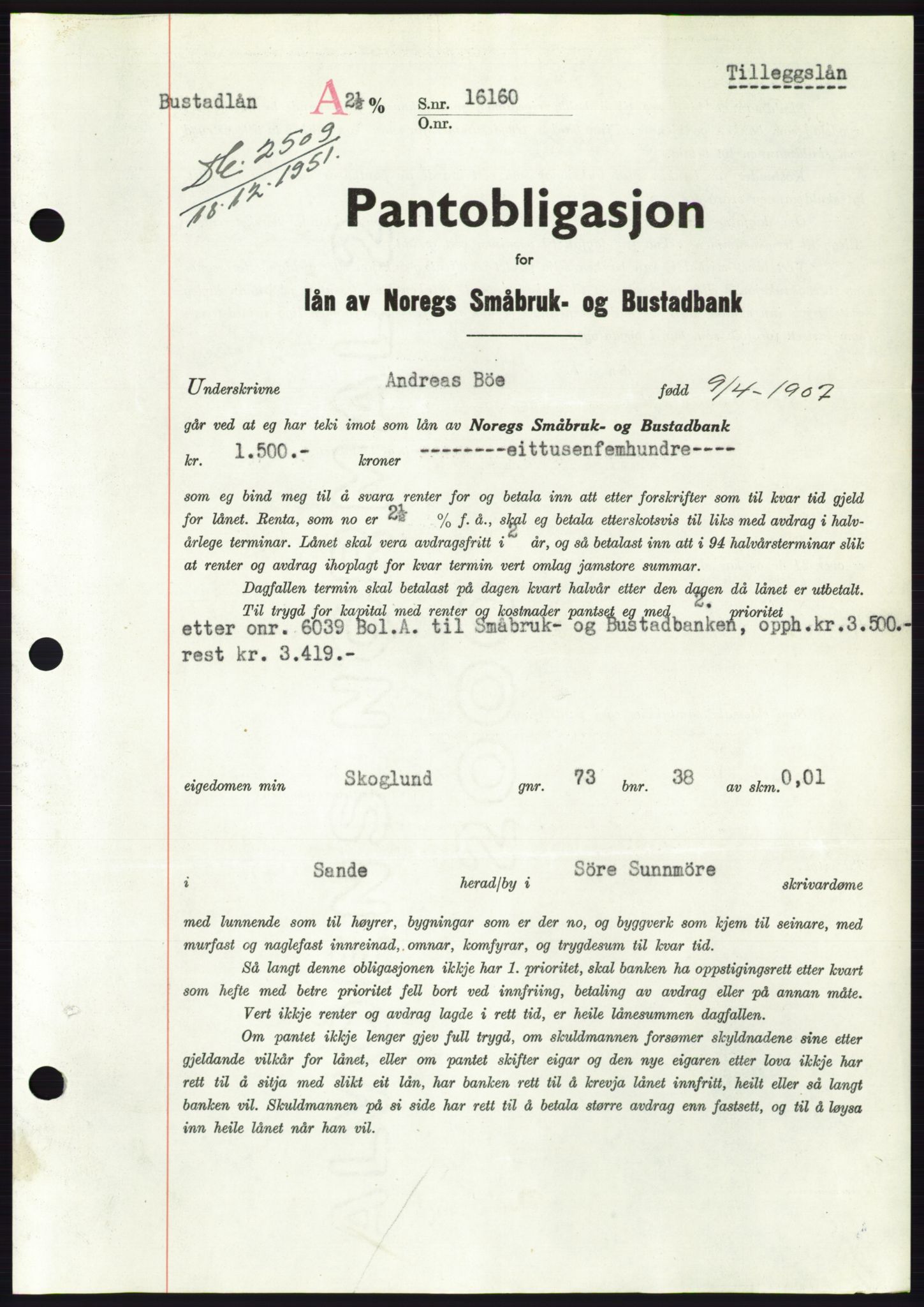 Søre Sunnmøre sorenskriveri, AV/SAT-A-4122/1/2/2C/L0121: Pantebok nr. 9B, 1951-1952, Dagboknr: 2509/1951