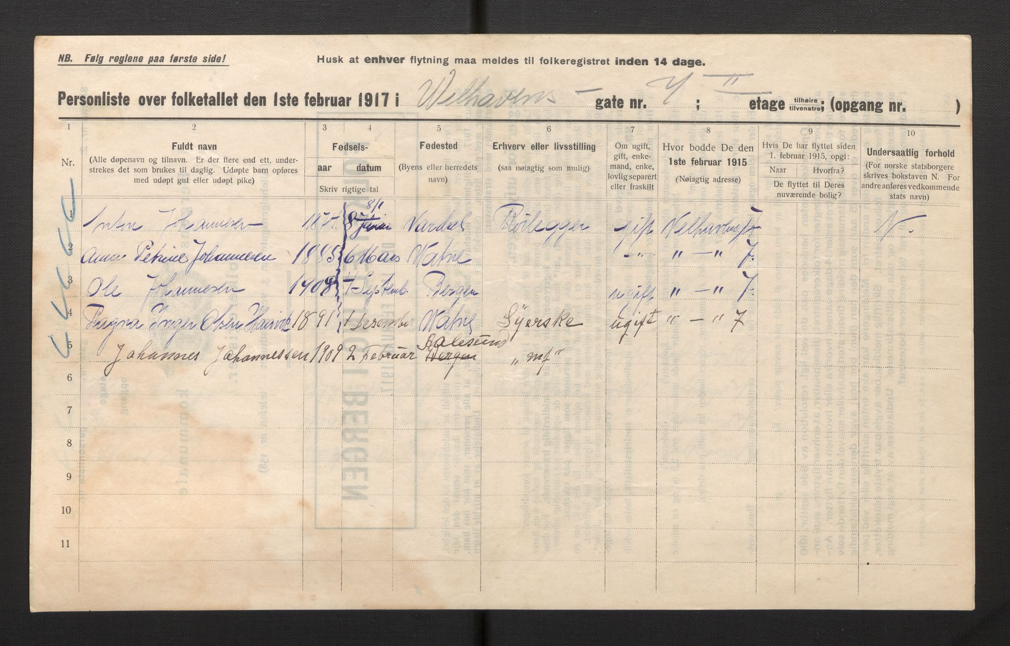 SAB, Kommunal folketelling 1917 for Bergen kjøpstad, 1917, s. 44763