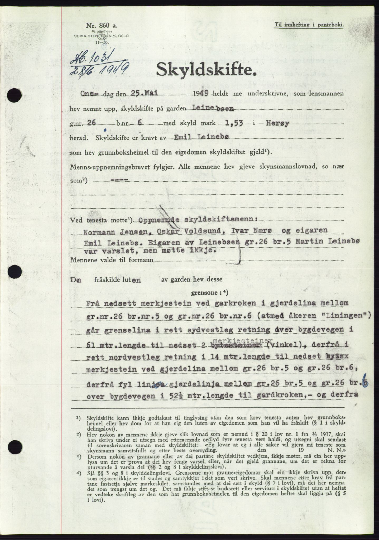 Søre Sunnmøre sorenskriveri, AV/SAT-A-4122/1/2/2C/L0084: Pantebok nr. 10A, 1949-1949, Dagboknr: 1031/1949