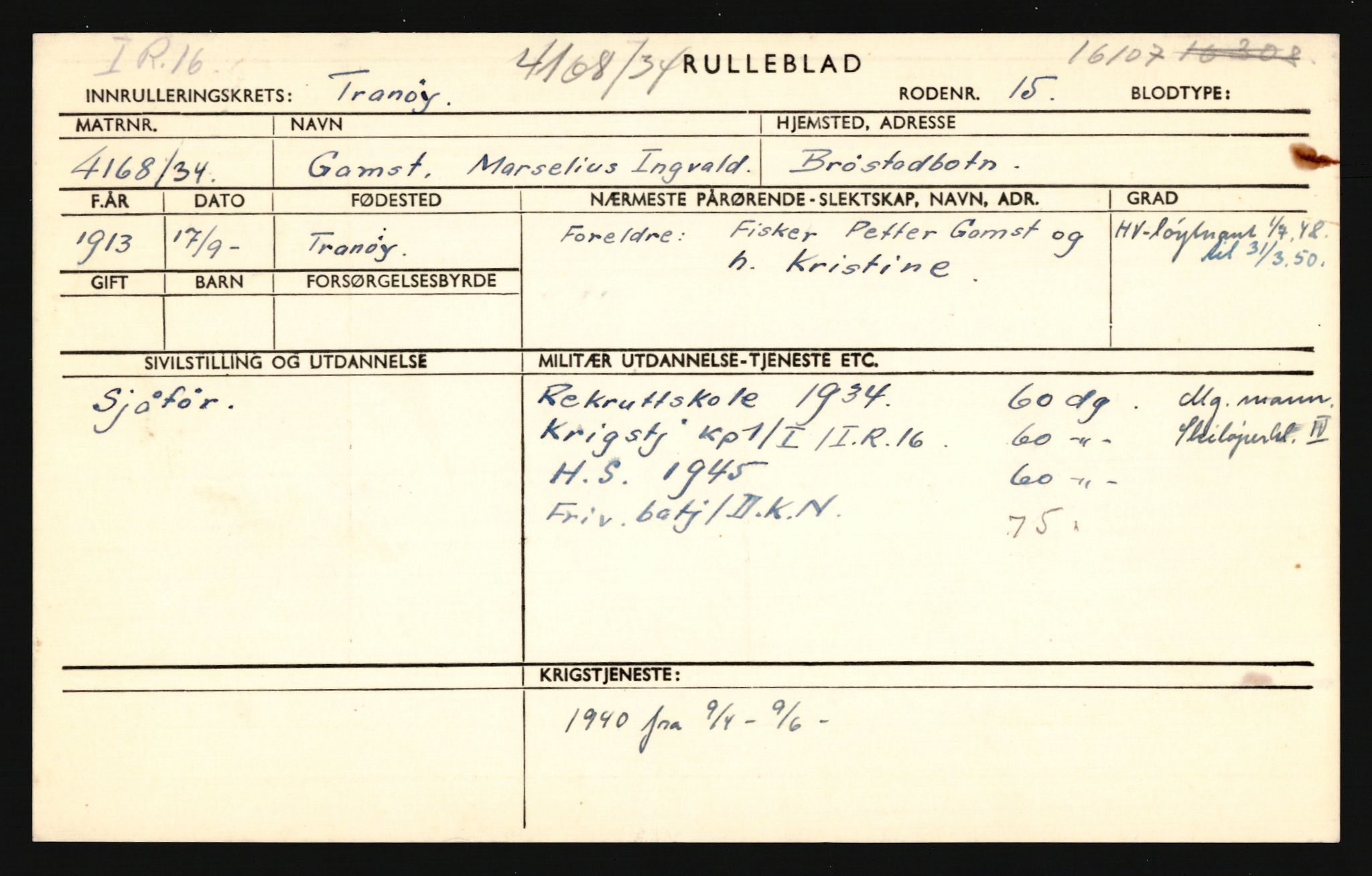 Forsvaret, Troms infanteriregiment nr. 16, AV/RA-RAFA-3146/P/Pa/L0018: Rulleblad for regimentets menige mannskaper, årsklasse 1934, 1934, s. 289