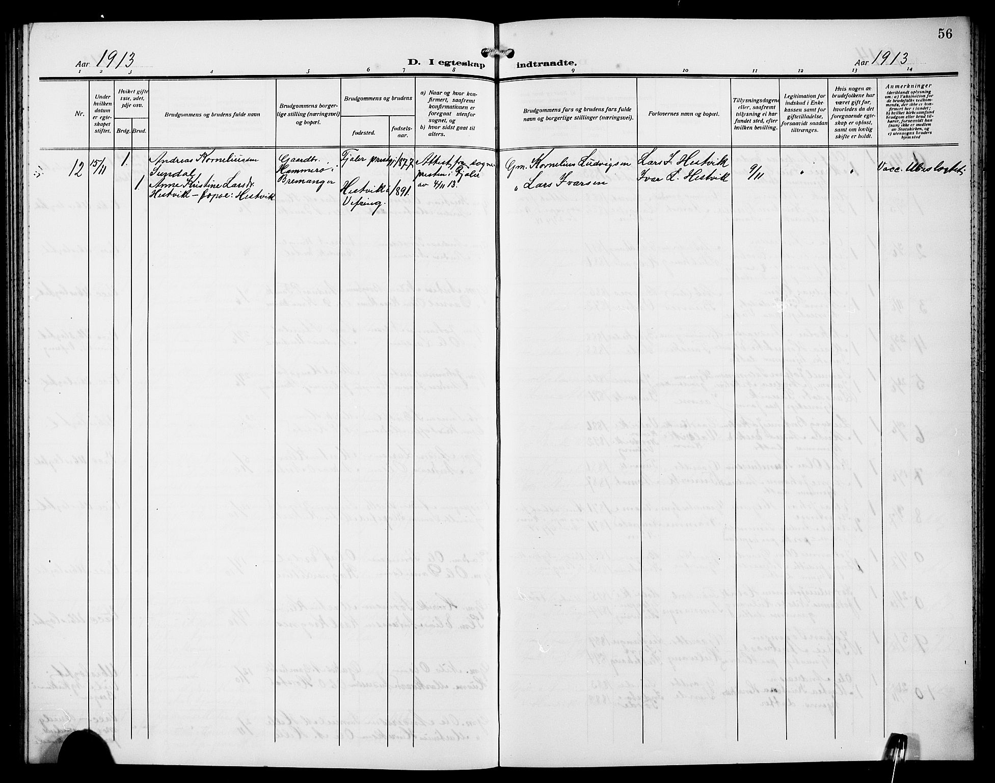 Førde sokneprestembete, AV/SAB-A-79901/H/Hab/Habd/L0007: Klokkerbok nr. D 7, 1912-1922, s. 56