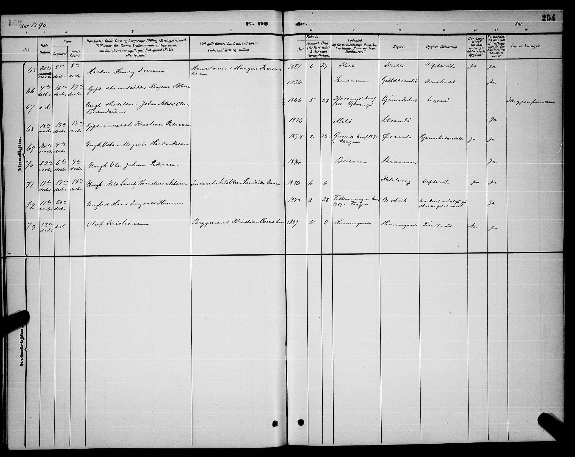 Ministerialprotokoller, klokkerbøker og fødselsregistre - Nordland, AV/SAT-A-1459/874/L1076: Klokkerbok nr. 874C05, 1884-1890, s. 254