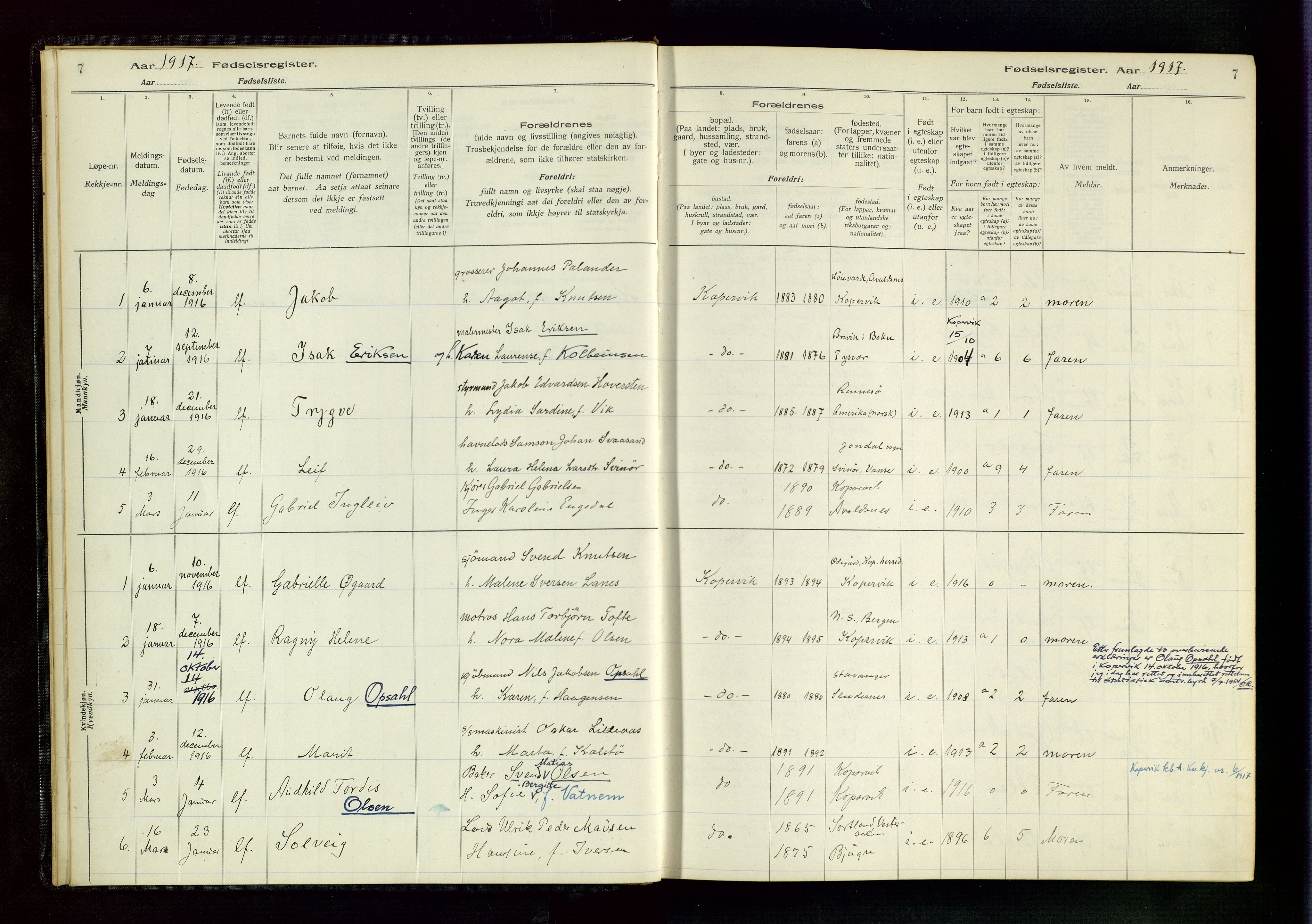 Kopervik sokneprestkontor, SAST/A-101850/I/Id/L0001: Fødselsregister nr. 1, 1916-1952, s. 7