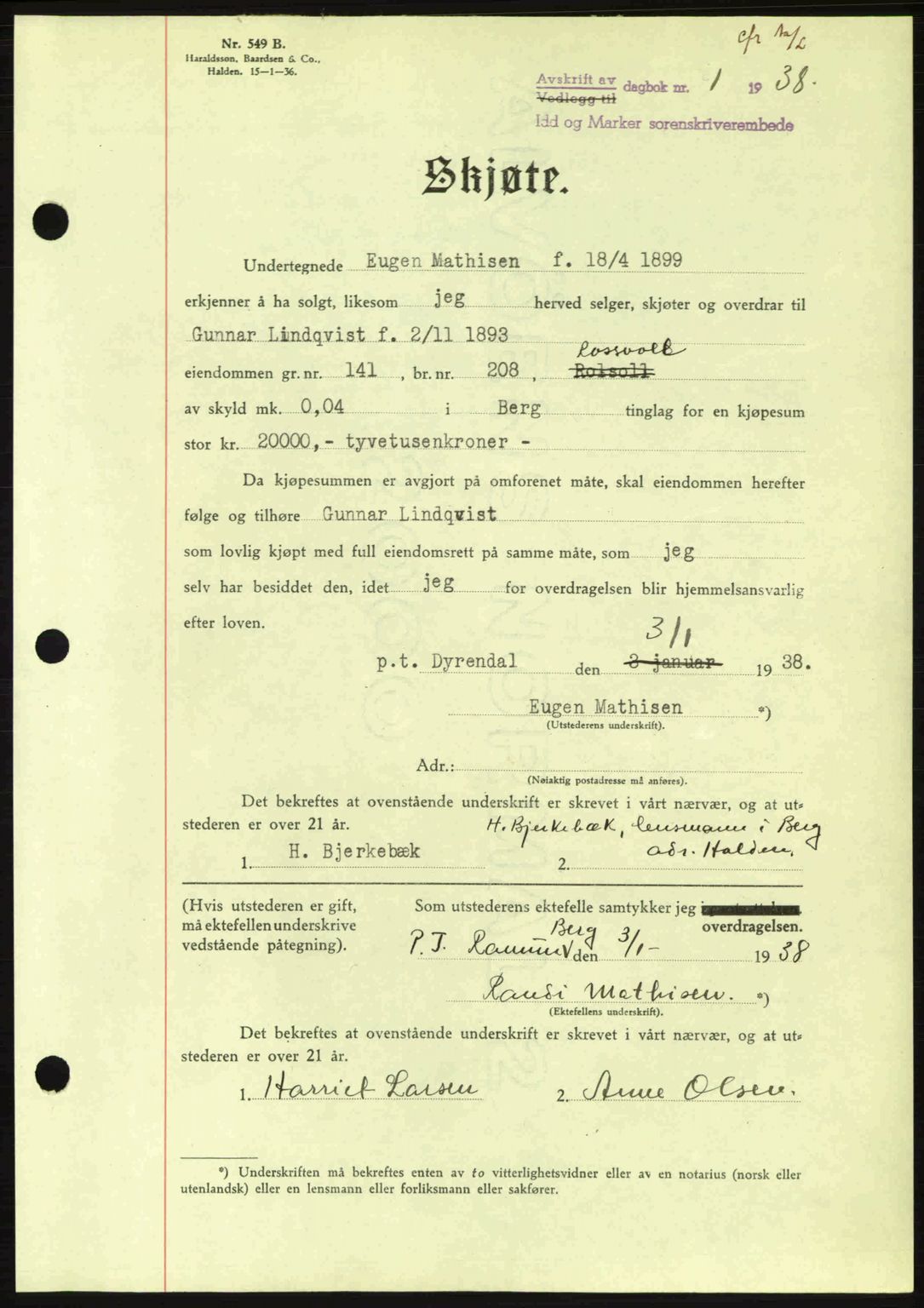 Idd og Marker sorenskriveri, AV/SAO-A-10283/G/Gb/Gbb/L0002: Pantebok nr. A2, 1937-1938, Dagboknr: 1/1938