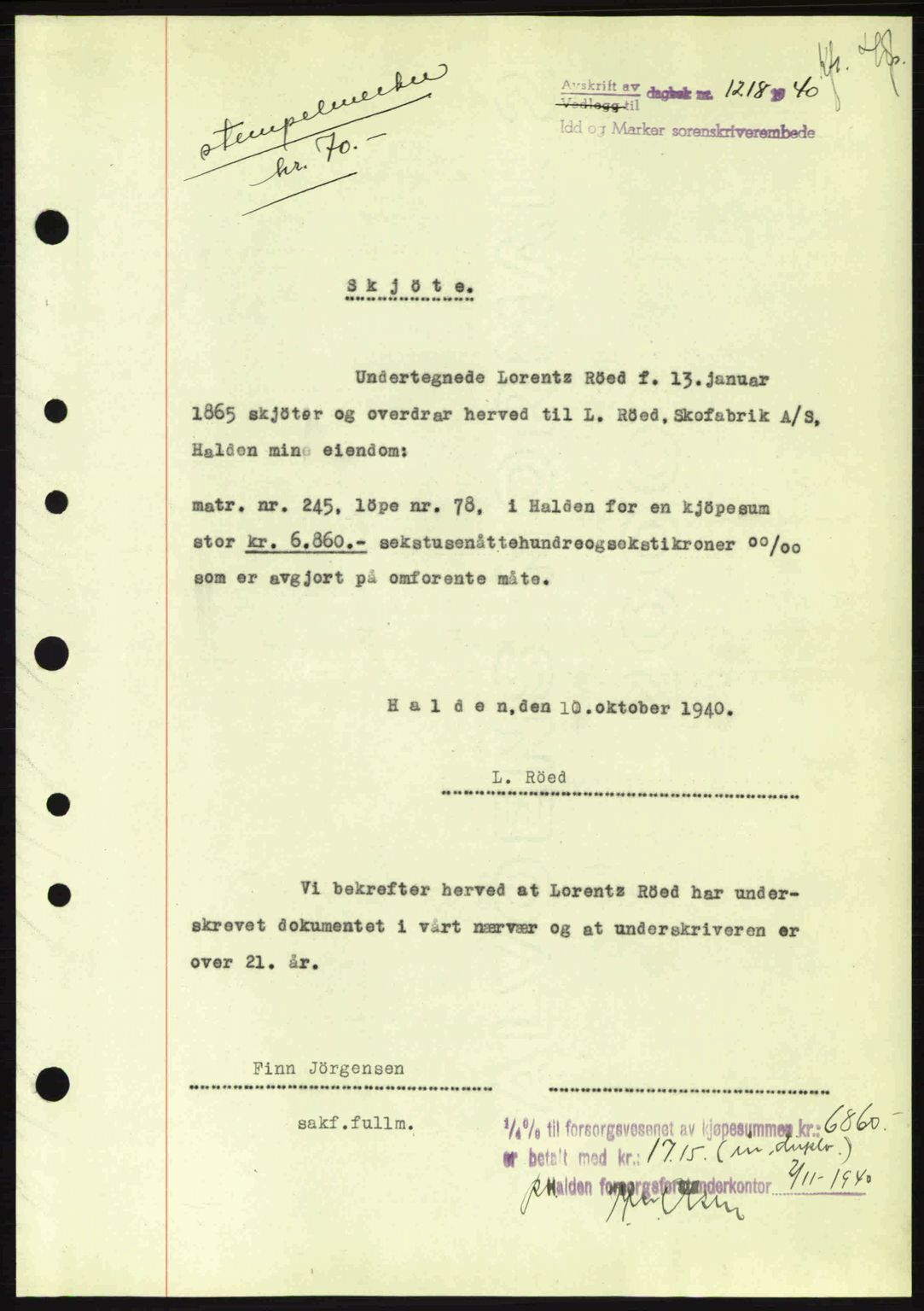 Idd og Marker sorenskriveri, AV/SAO-A-10283/G/Gb/Gbb/L0004: Pantebok nr. A4, 1940-1941, Dagboknr: 1218/1940