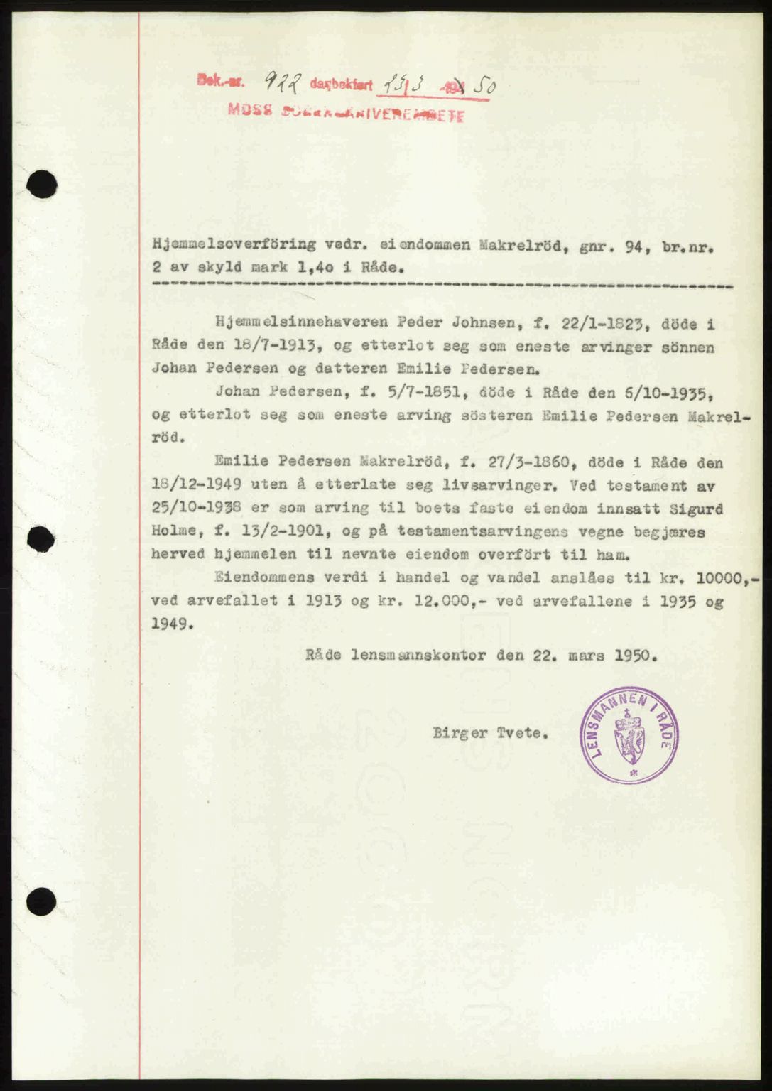 Moss sorenskriveri, SAO/A-10168: Pantebok nr. A25, 1950-1950, Dagboknr: 922/1950