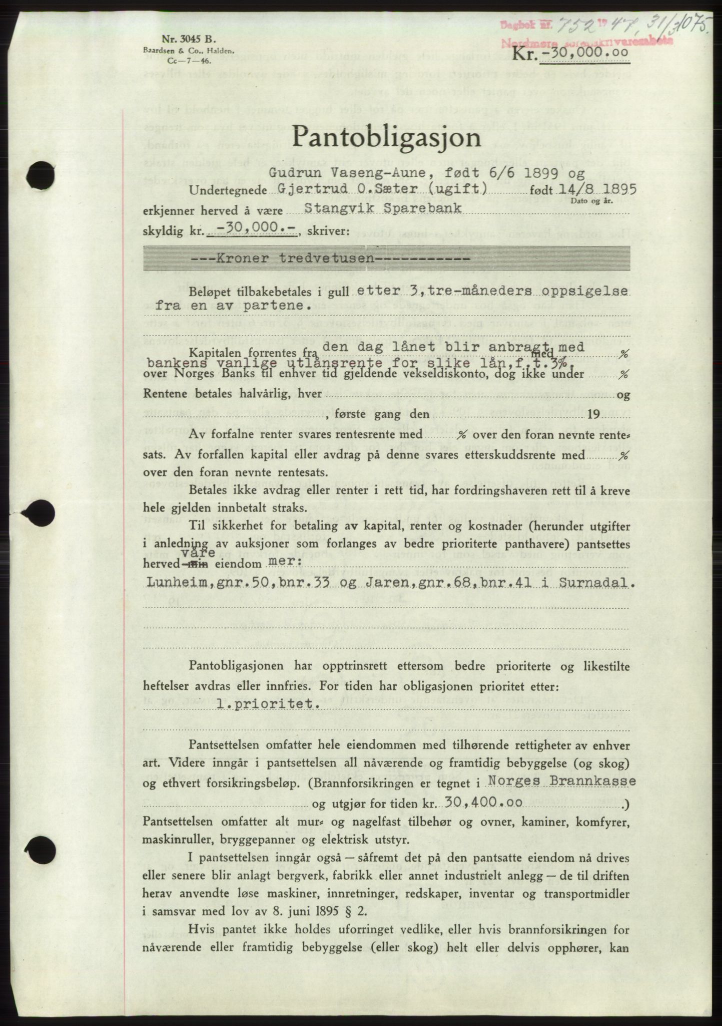 Nordmøre sorenskriveri, SAT/A-4132/1/2/2Ca: Pantebok nr. B95, 1946-1947, Dagboknr: 752/1947