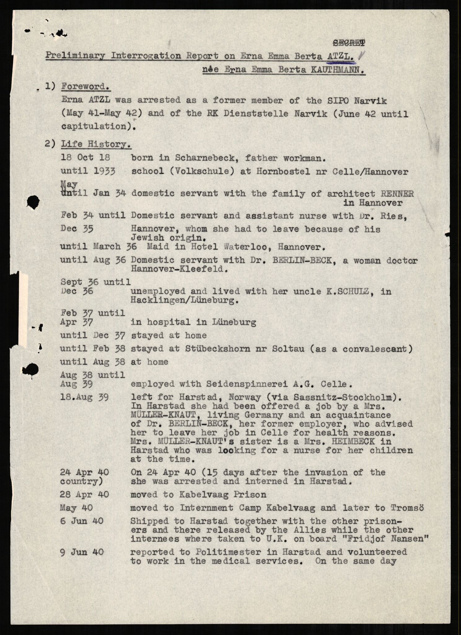 Forsvaret, Forsvarets overkommando II, AV/RA-RAFA-3915/D/Db/L0001: CI Questionaires. Tyske okkupasjonsstyrker i Norge. Tyskere., 1945-1946, s. 414