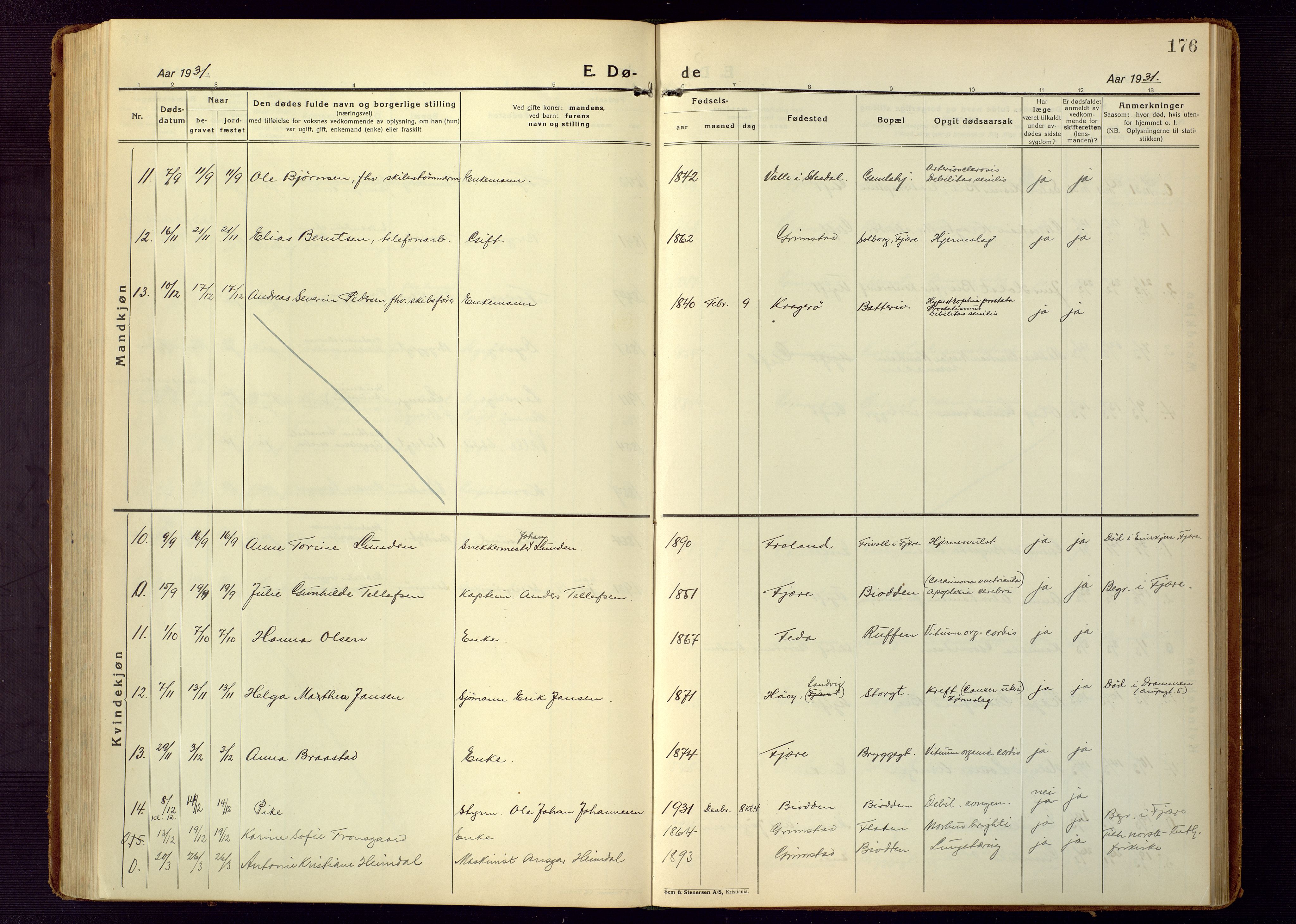 Grimstad sokneprestkontor, AV/SAK-1111-0017/F/Fb/L0002: Klokkerbok nr. B 2, 1923-1949, s. 176