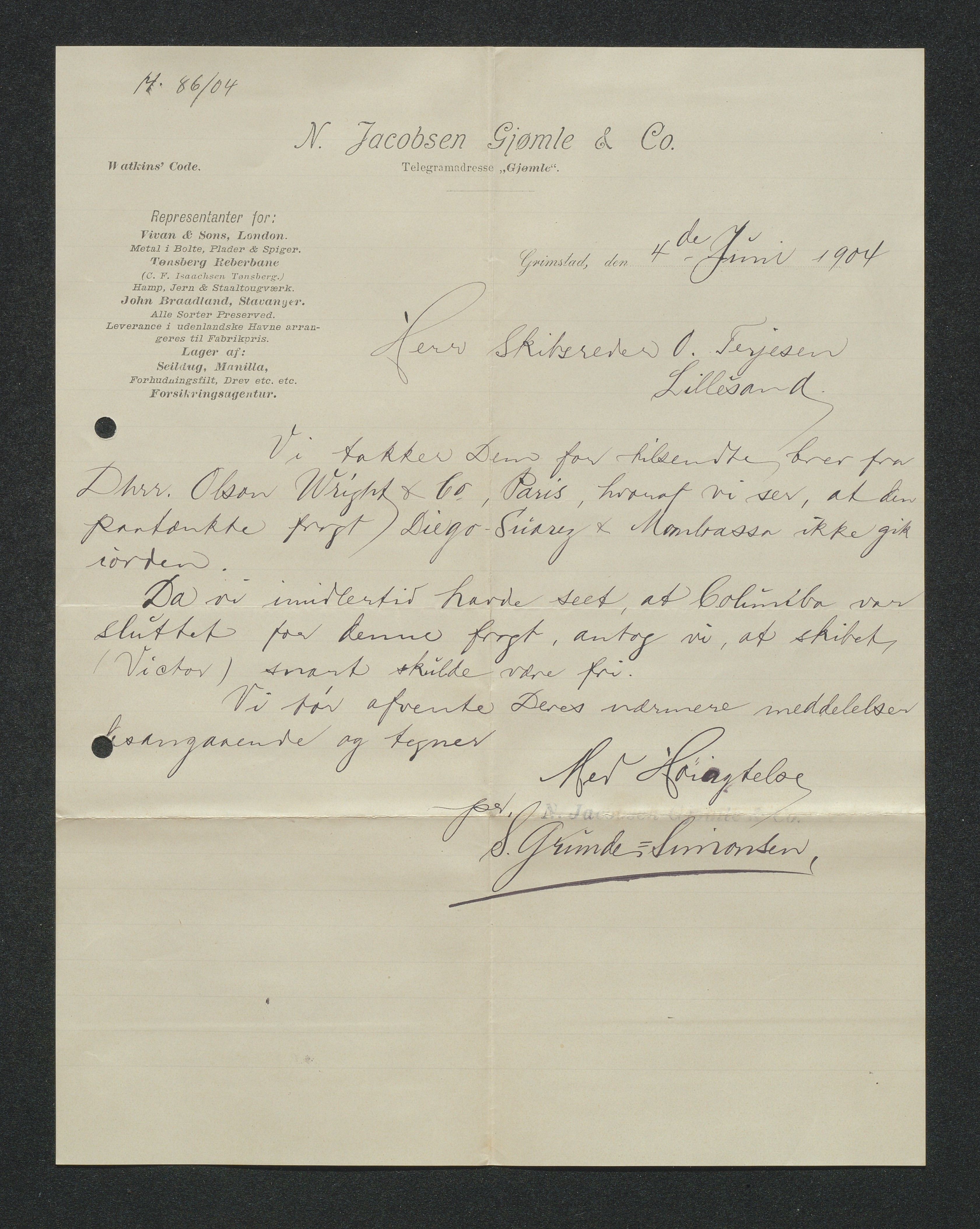 O. Terjesens rederi, AAKS/PA-2525/E/E01/L0013: Korrespondanse, 1904-1905