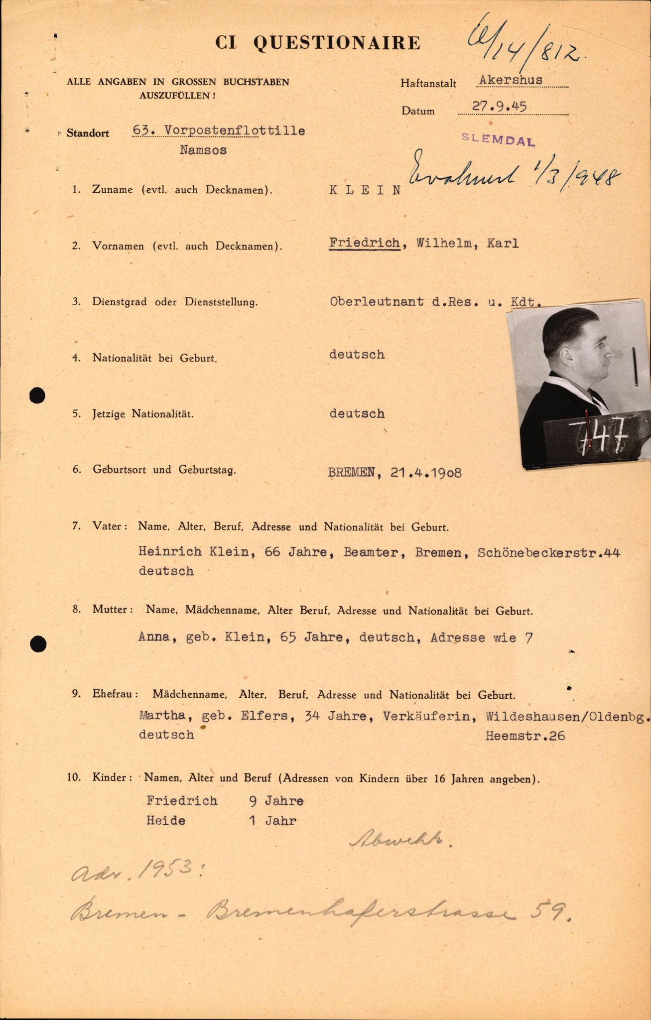 Forsvaret, Forsvarets overkommando II, AV/RA-RAFA-3915/D/Db/L0016: CI Questionaires. Tyske okkupasjonsstyrker i Norge. Tyskere., 1945-1946, s. 836