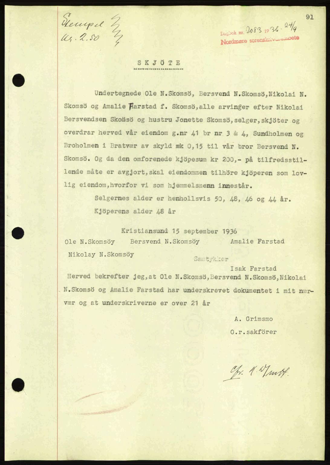 Nordmøre sorenskriveri, SAT/A-4132/1/2/2Ca: Pantebok nr. A80, 1936-1937, Dagboknr: 2083/1936